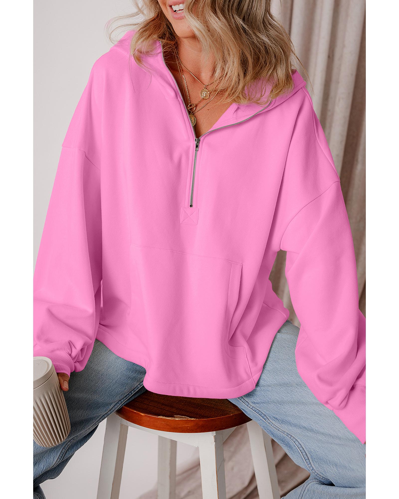 Bonbon Fleece Lined Half Zipper Kangaroo Pockets Loose Hoodie - L 5