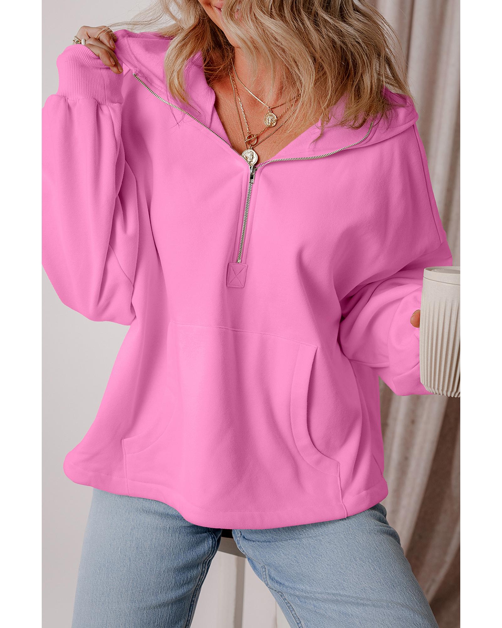 Bonbon Fleece Lined Half Zipper Kangaroo Pockets Loose Hoodie - M 4