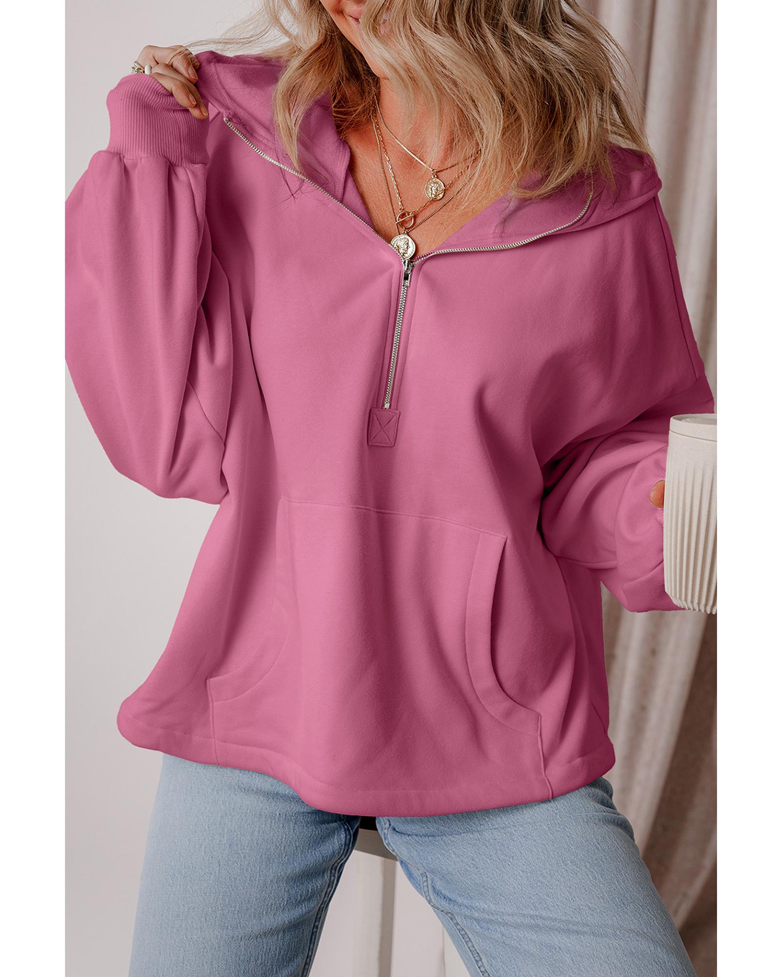 Valerian Fleece Lined Half Zipper Kangaroo Pockets Loose Hoodie - S 7