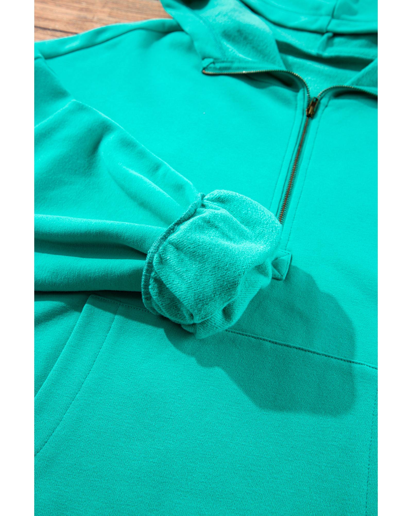 Aruba Blue Fleece Lined Half Zipper Kangaroo Pockets Loose Hoodie - L 3