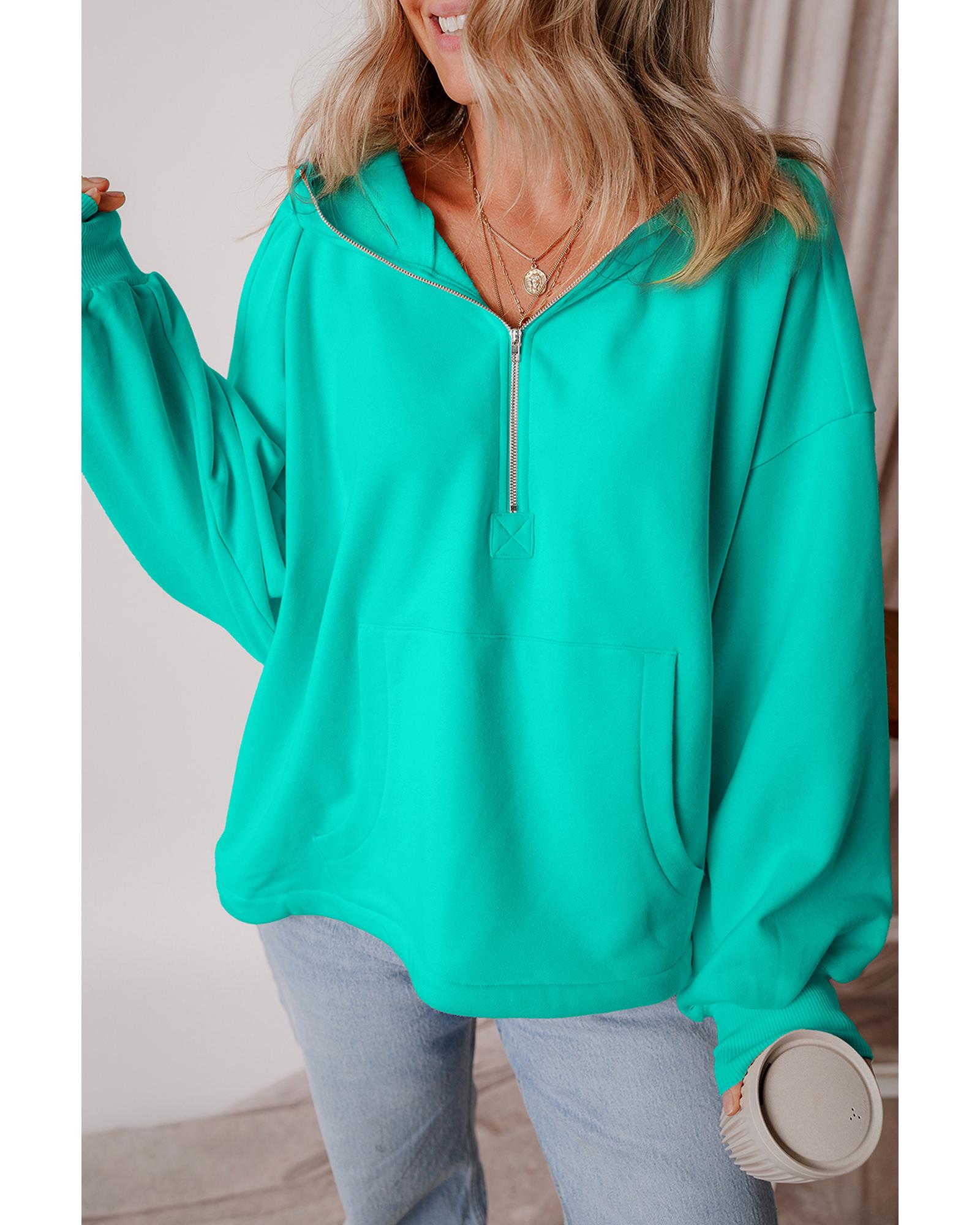 Aruba Blue Fleece Lined Half Zipper Kangaroo Pockets Loose Hoodie - S 4