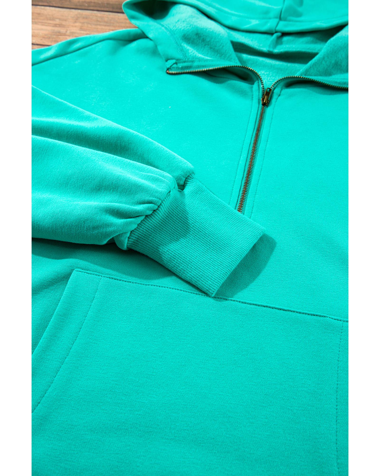 Aruba Blue Fleece Lined Half Zipper Kangaroo Pockets Loose Hoodie - S 8