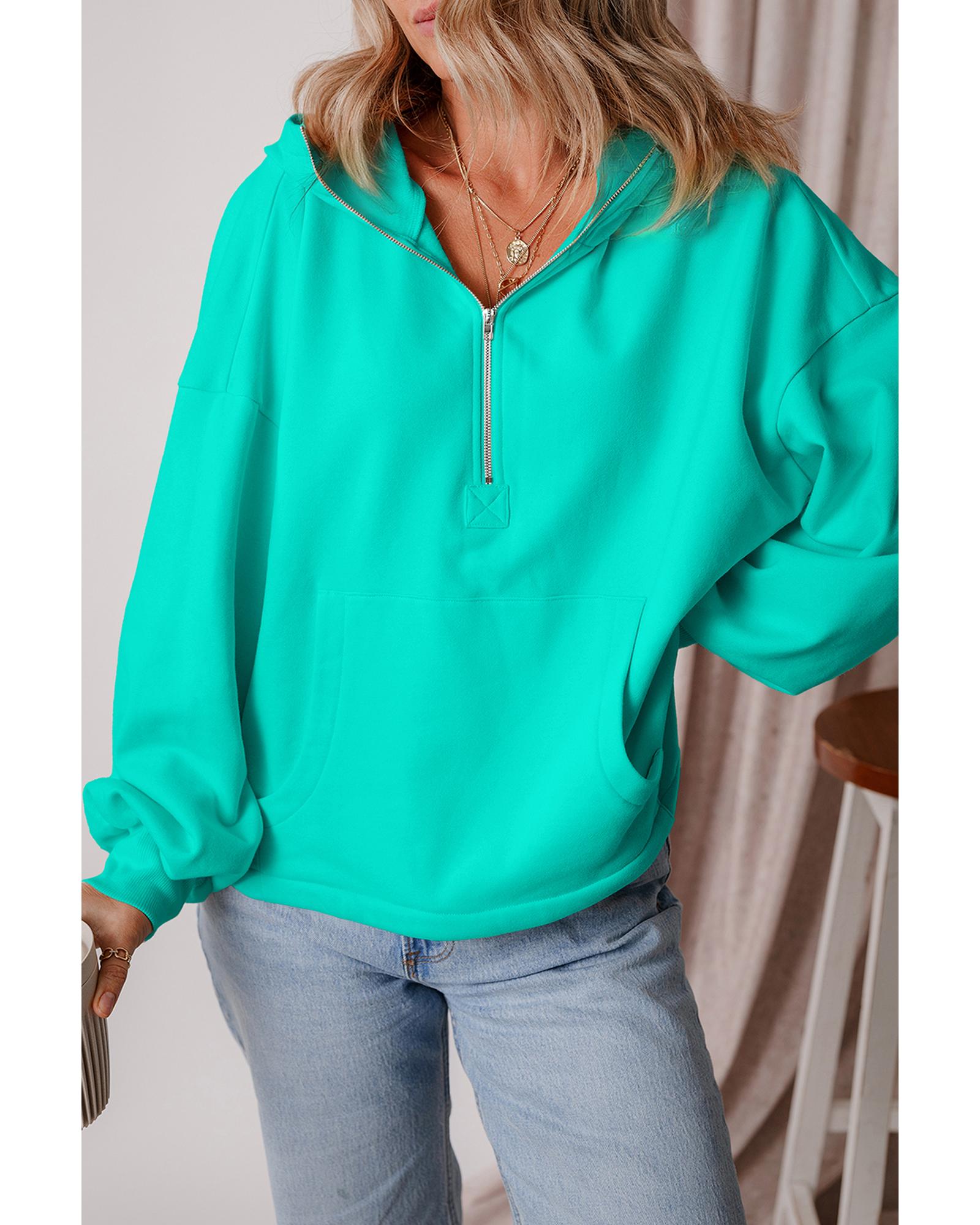 Aruba Blue Fleece Lined Half Zipper Kangaroo Pockets Loose Hoodie - XL 7