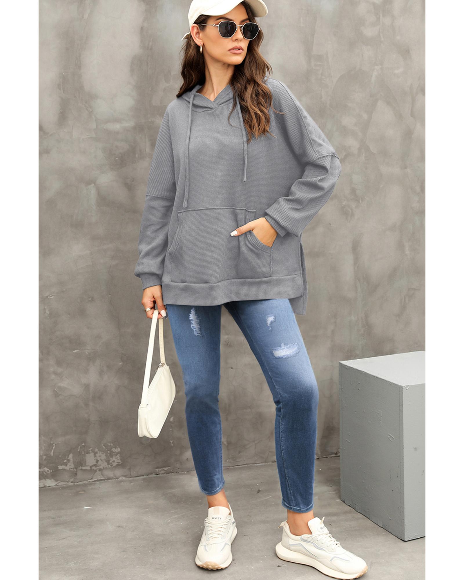 Gray Waffle Knit Fleece Lined High Low Oversized Hoodie - M 3