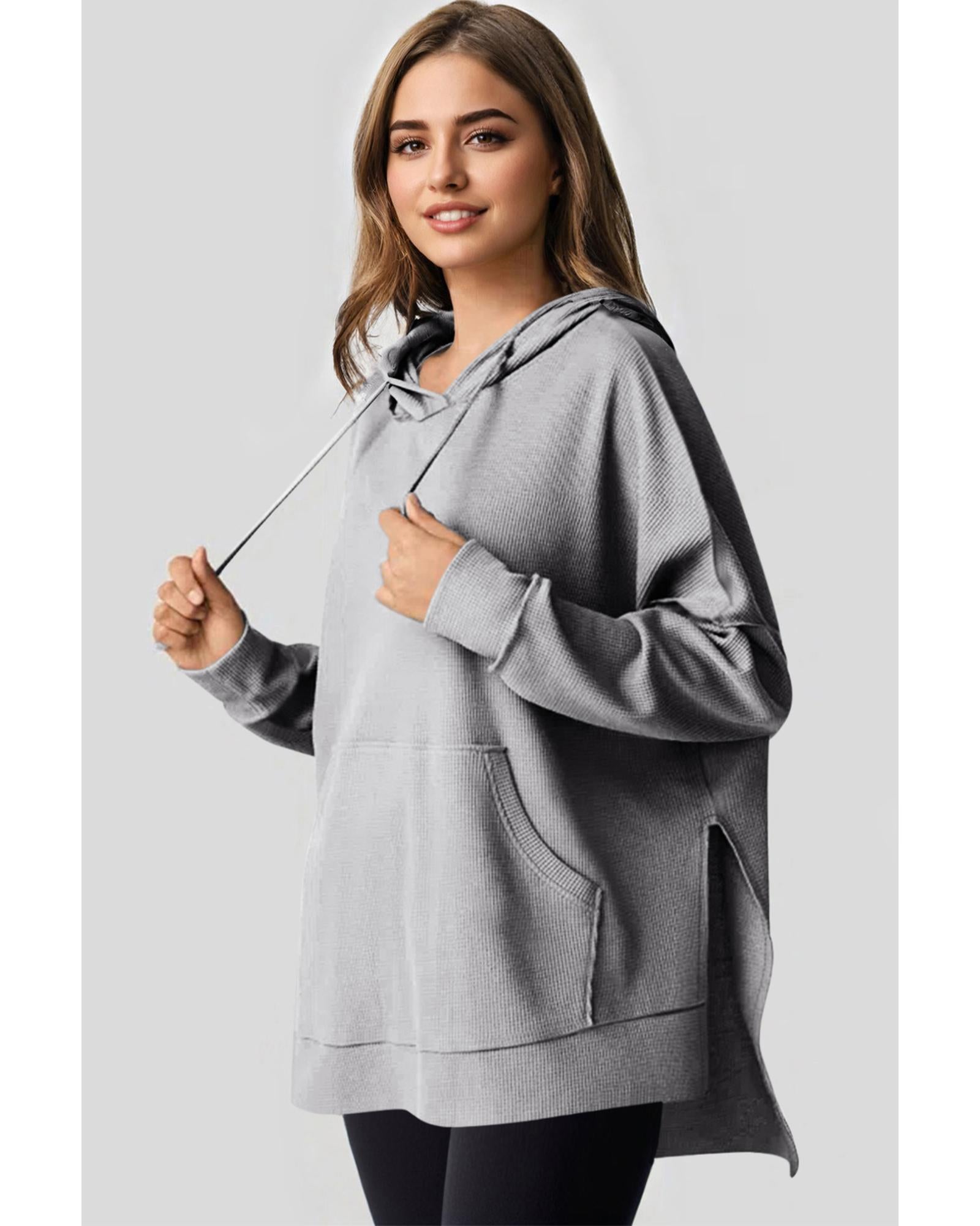 Gray Waffle Knit Fleece Lined High Low Oversized Hoodie - S 5