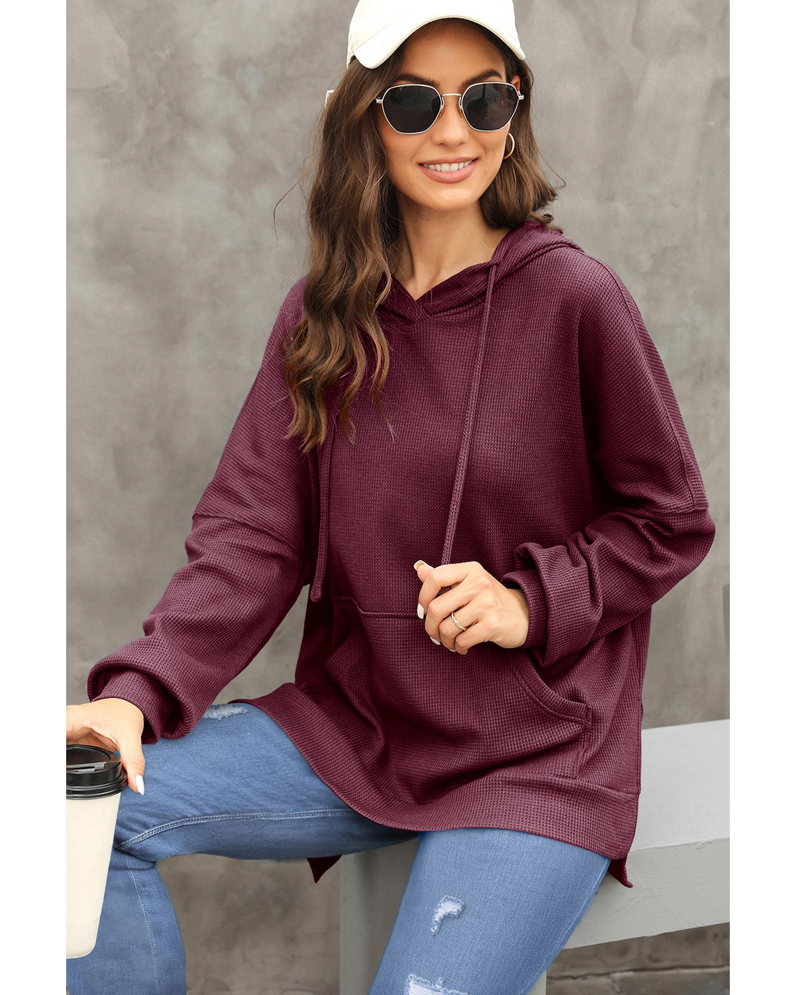 Red Dahlia Waffle Knit Fleece Lined High Low Oversized Hoodie - M 4
