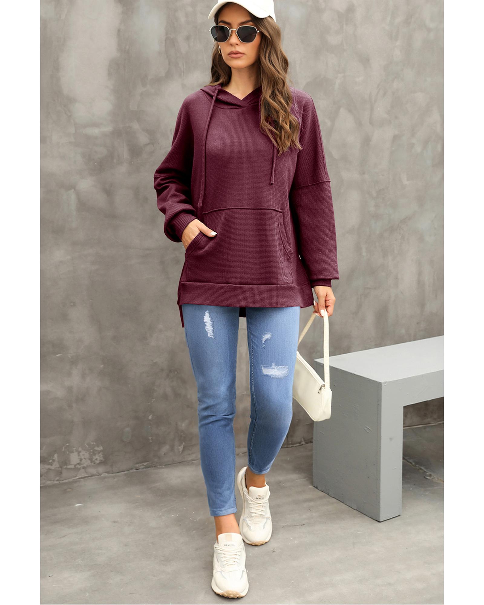 Red Dahlia Waffle Knit Fleece Lined High Low Oversized Hoodie - M 6