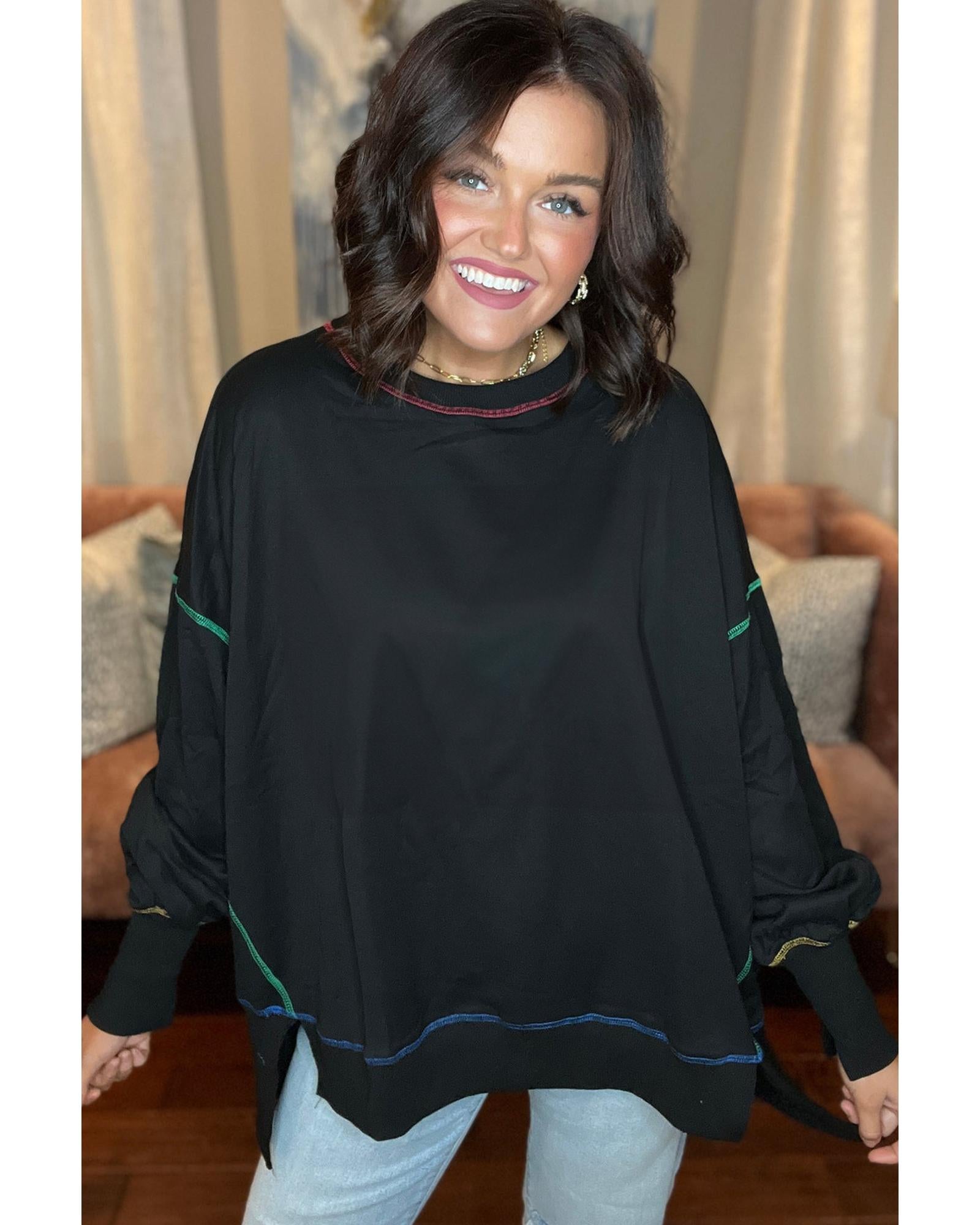 Black Contrast Stitching Split Baggy Sweatshirt - L 6