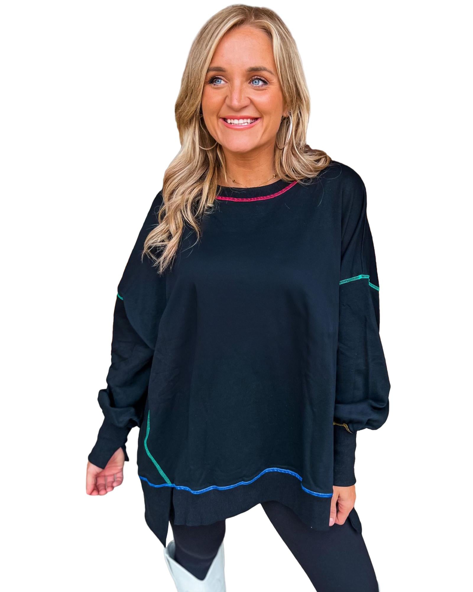 Black Contrast Stitching Split Baggy Sweatshirt - M 3