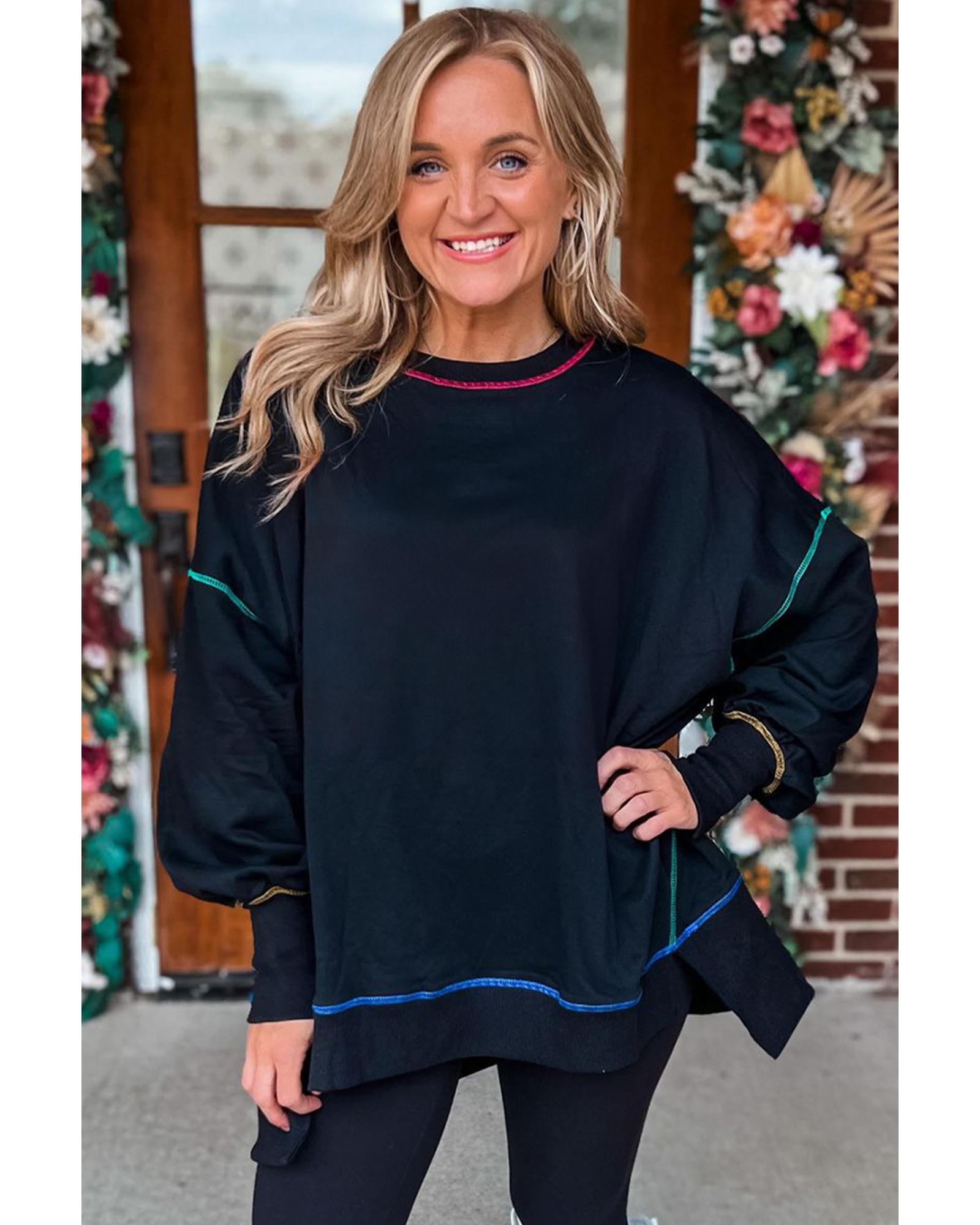 Black Contrast Stitching Split Baggy Sweatshirt - M 4