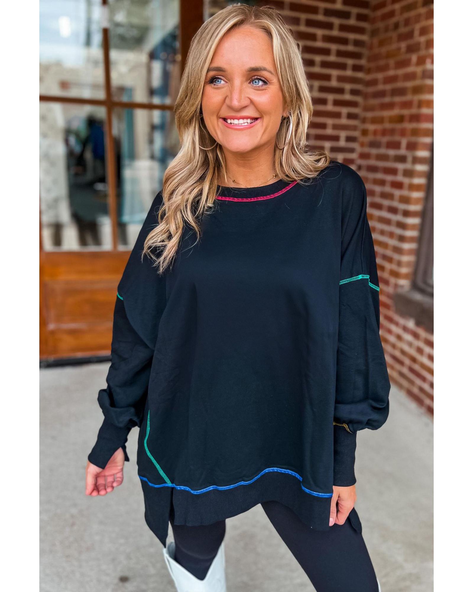 Black Contrast Stitching Split Baggy Sweatshirt - M 5