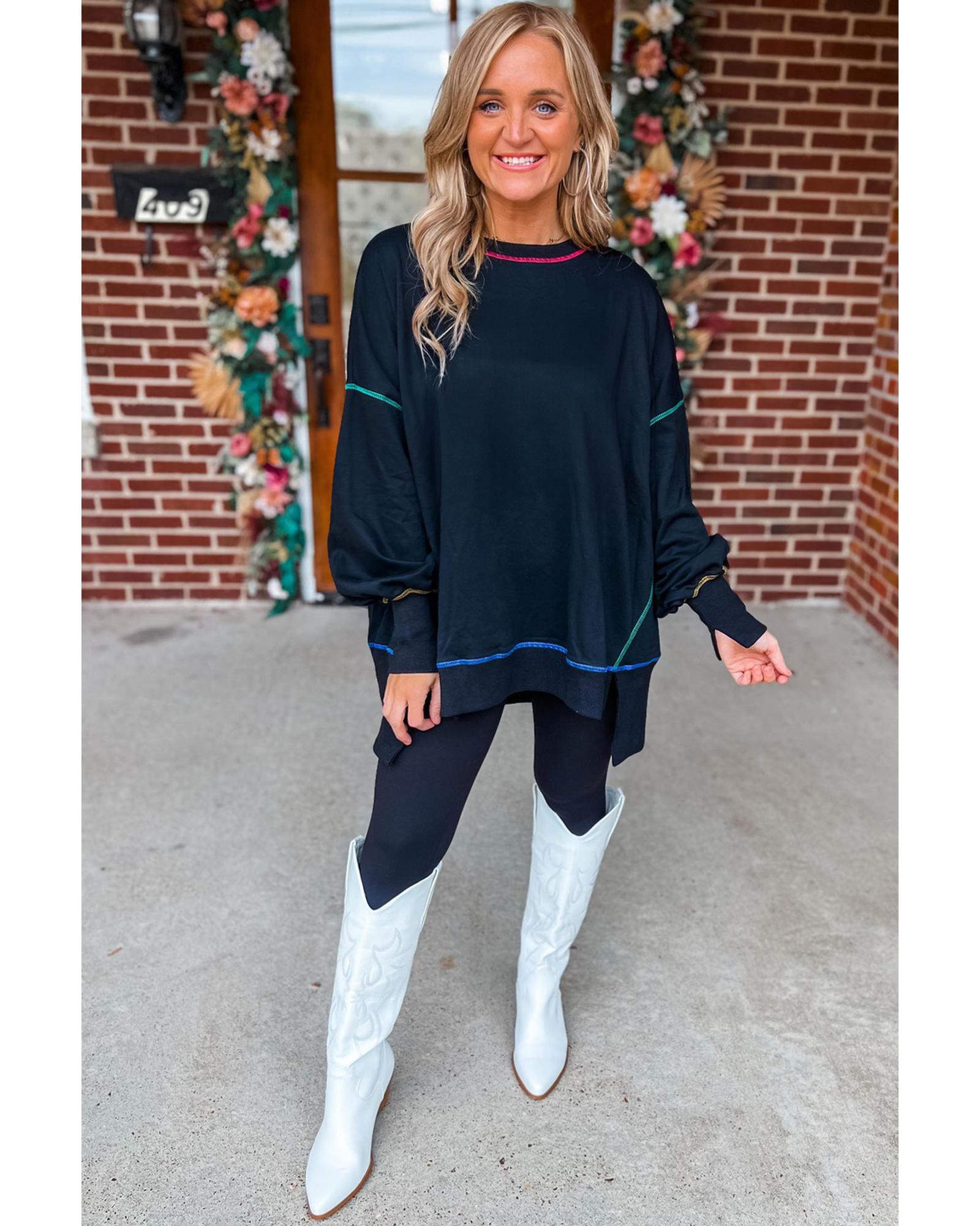 Black Contrast Stitching Split Baggy Sweatshirt - M 6
