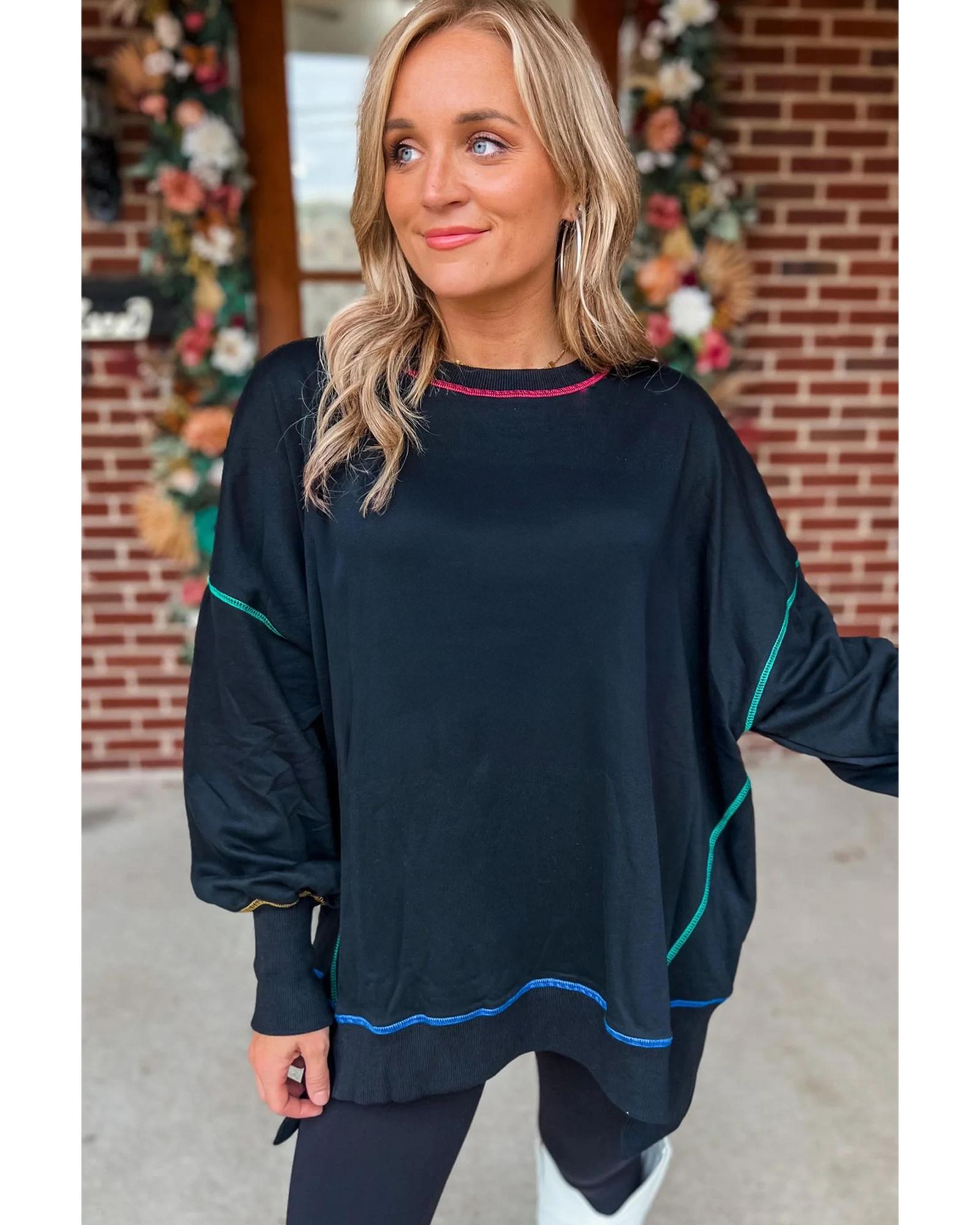 Black Contrast Stitching Split Baggy Sweatshirt - M 7
