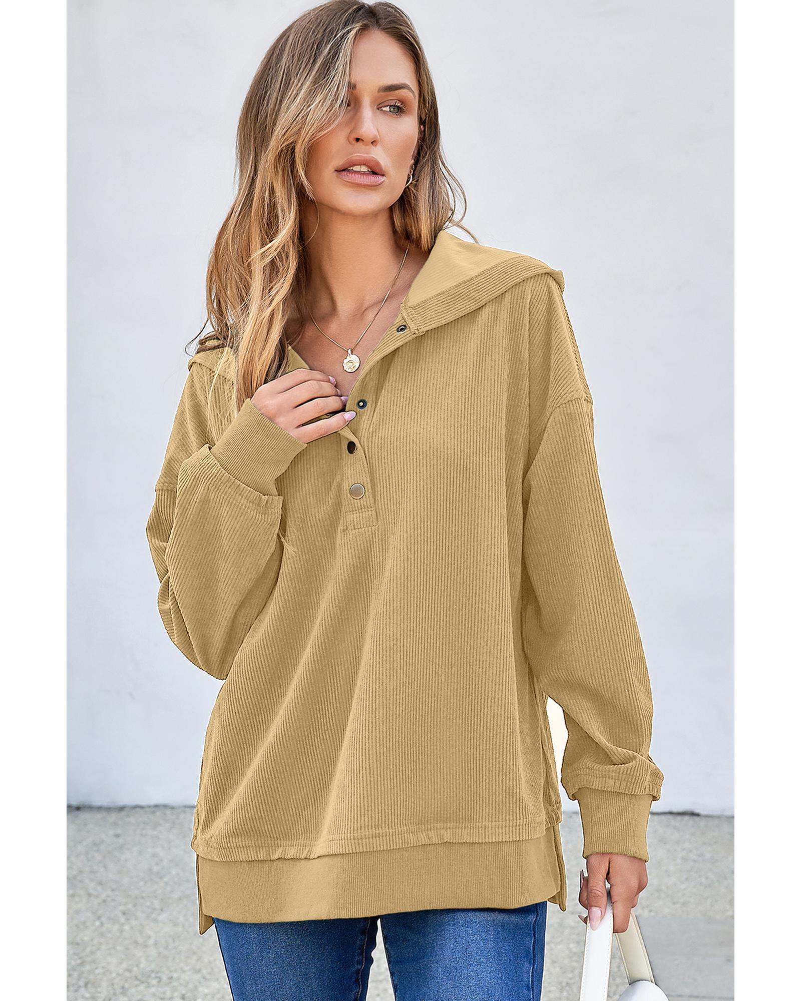 Simply Taupe Solid Ribbed Knit Buttoned Drop Shoulder Oversized Hoodie - 2XL 6