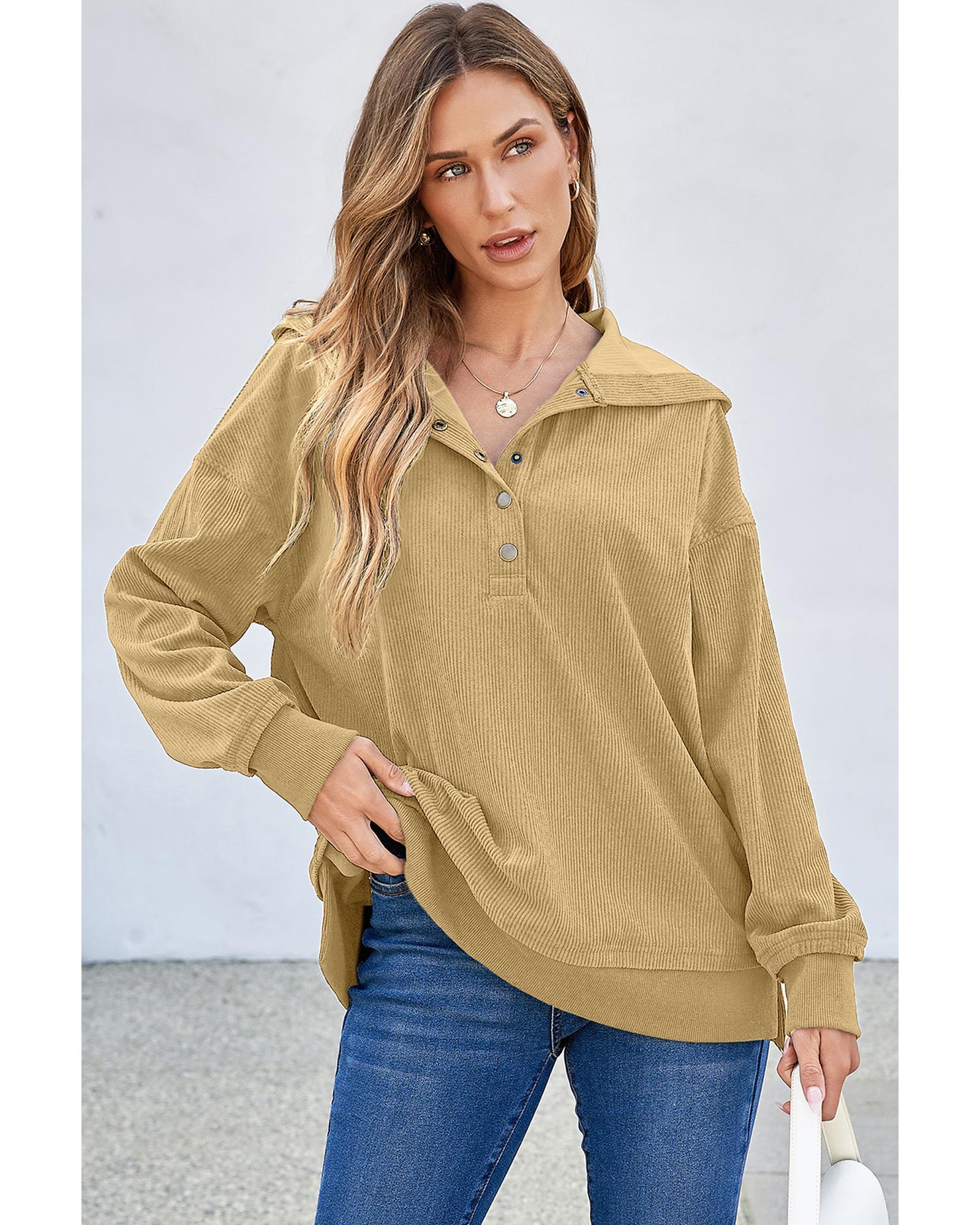 Simply Taupe Solid Ribbed Knit Buttoned Drop Shoulder Oversized Hoodie - L 4