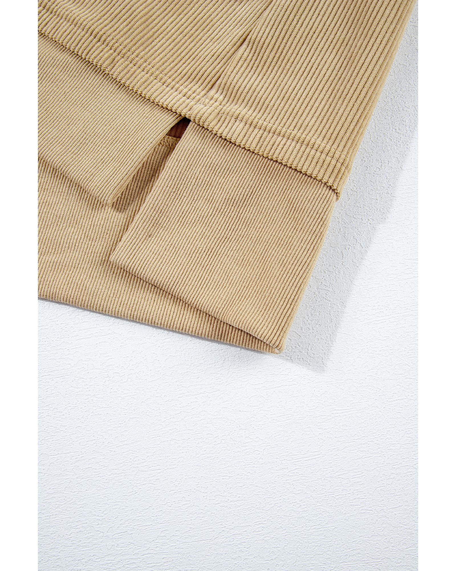 Simply Taupe Solid Ribbed Knit Buttoned Drop Shoulder Oversized Hoodie - L 5