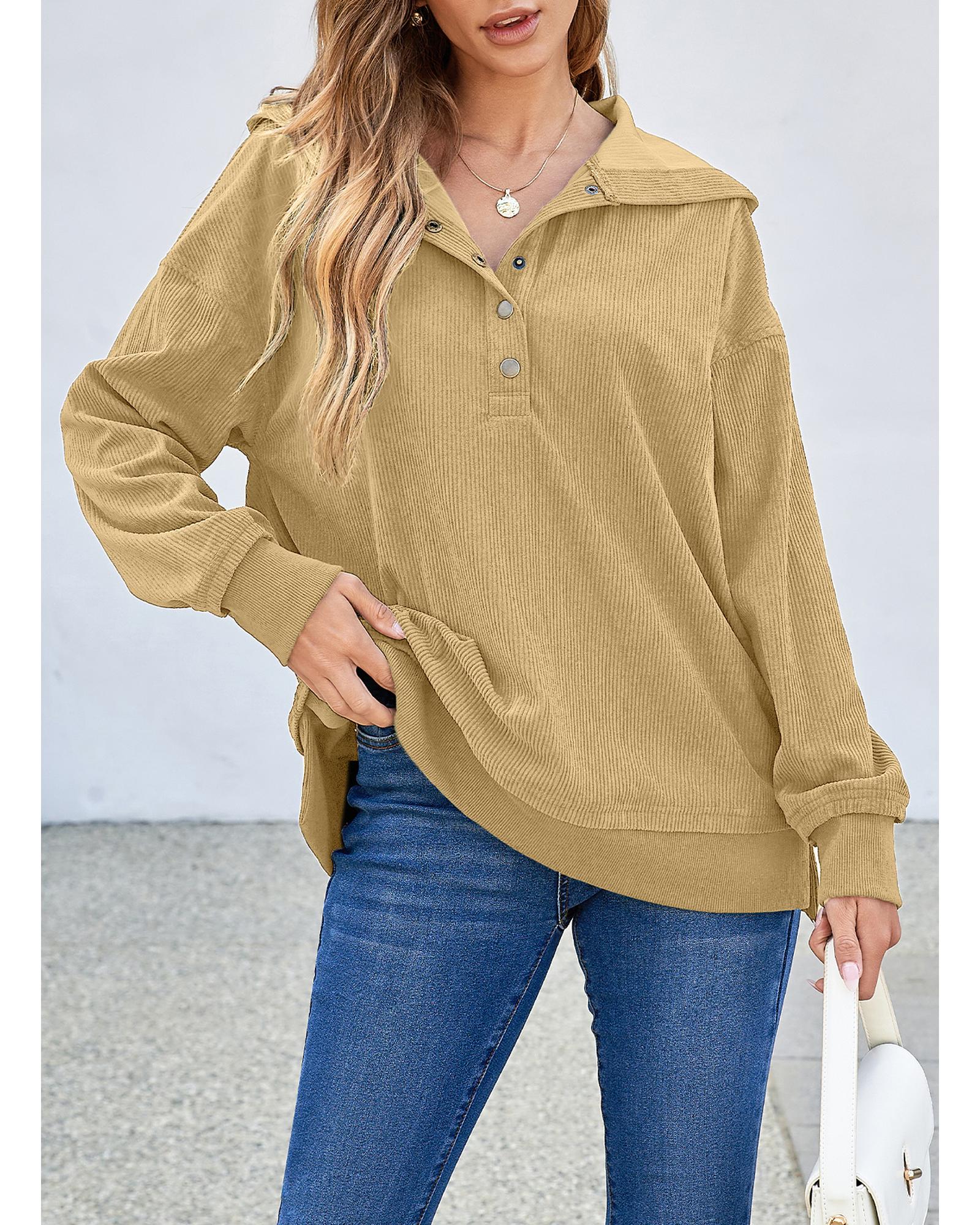 Simply Taupe Solid Ribbed Knit Buttoned Drop Shoulder Oversized Hoodie - M 7