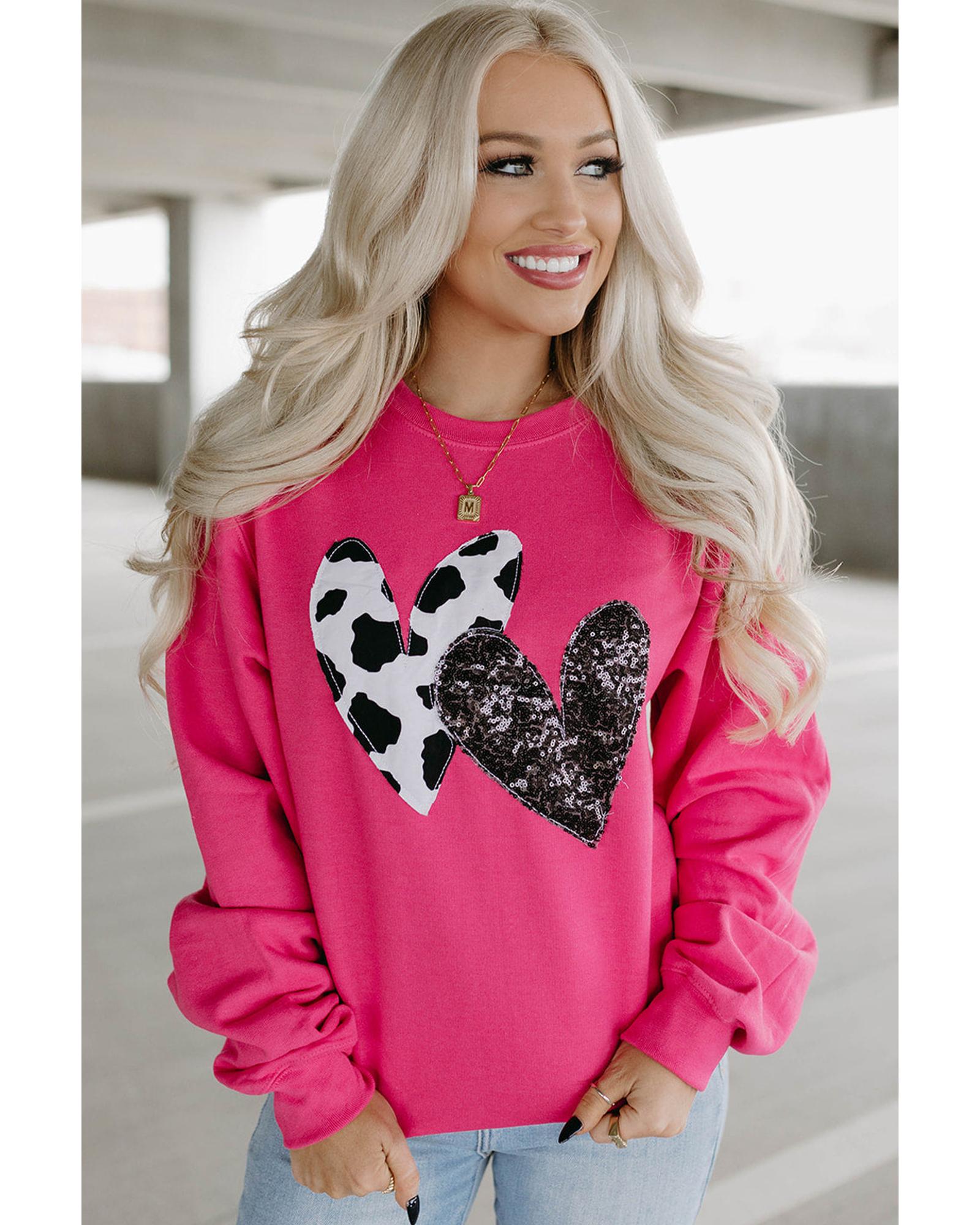 Strawberry Pink Cow & Sequin Double Heart Patch Graphic Sweatshirt - L 3