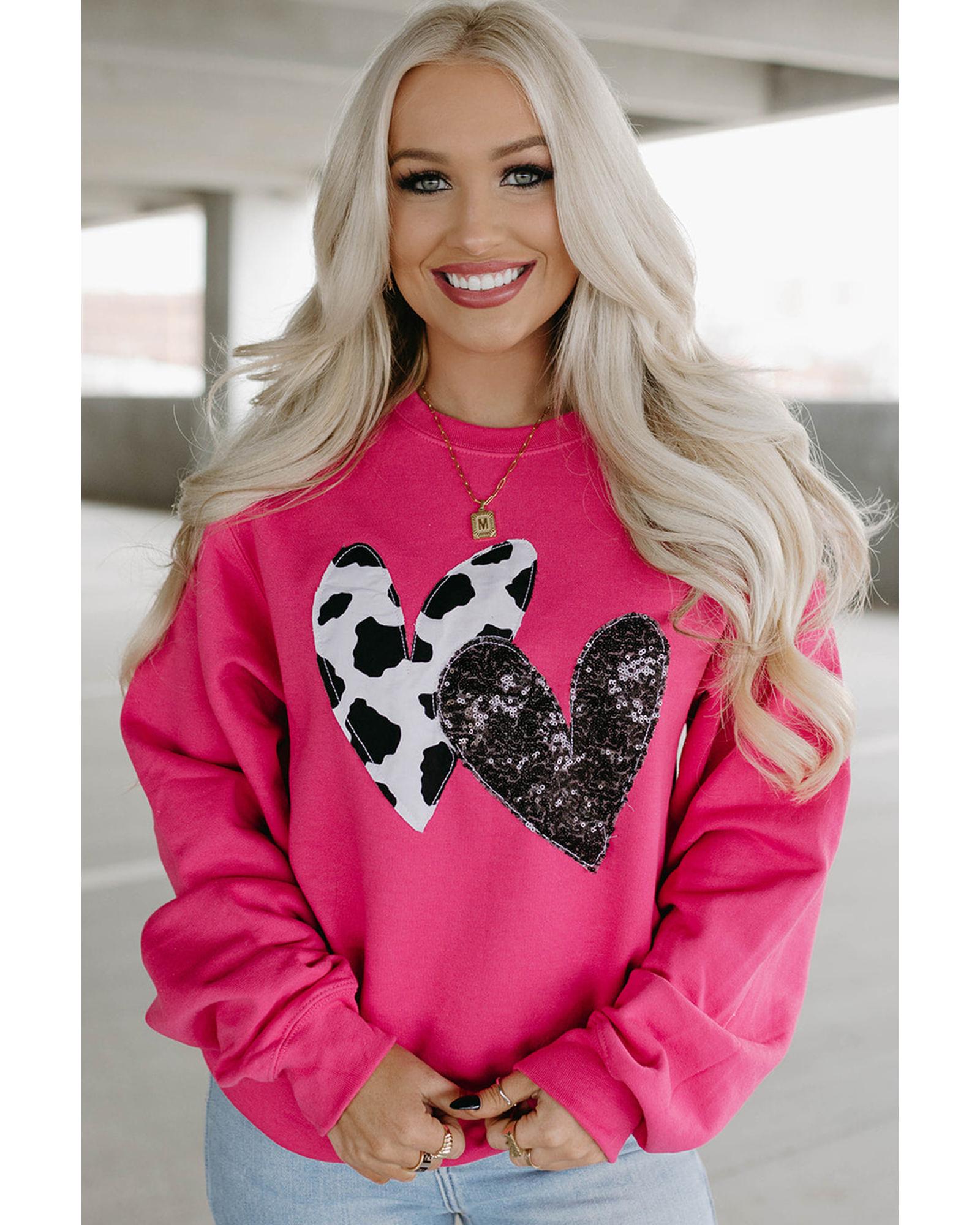 Strawberry Pink Cow & Sequin Double Heart Patch Graphic Sweatshirt - L 4