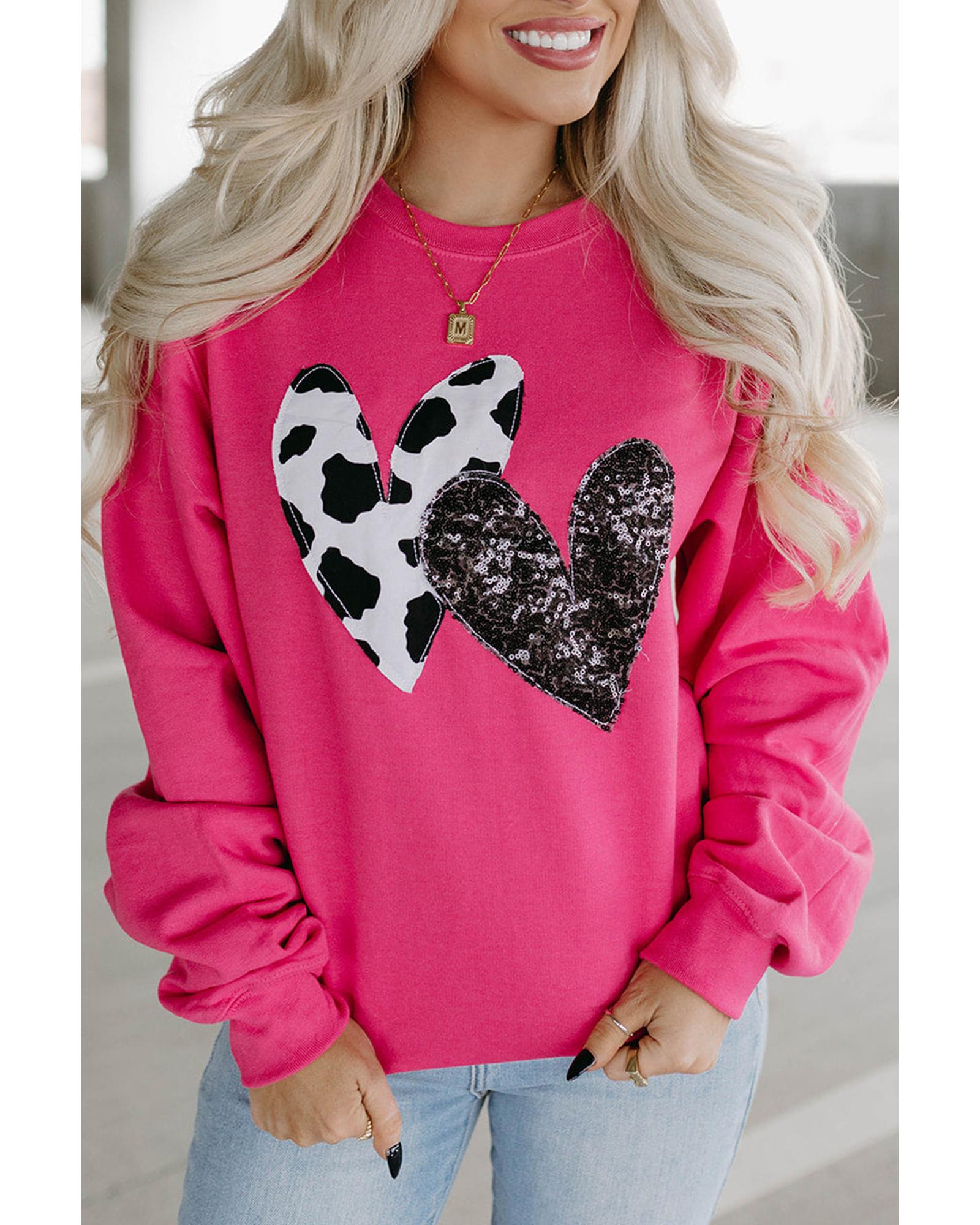 Strawberry Pink Cow & Sequin Double Heart Patch Graphic Sweatshirt - M 6