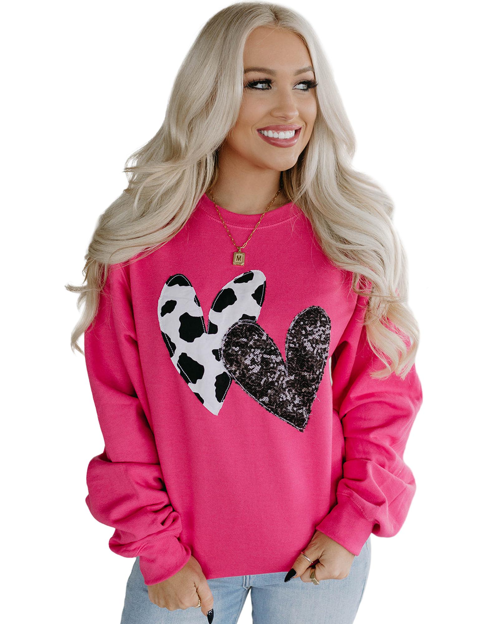 Strawberry Pink Cow & Sequin Double Heart Patch Graphic Sweatshirt - S 4