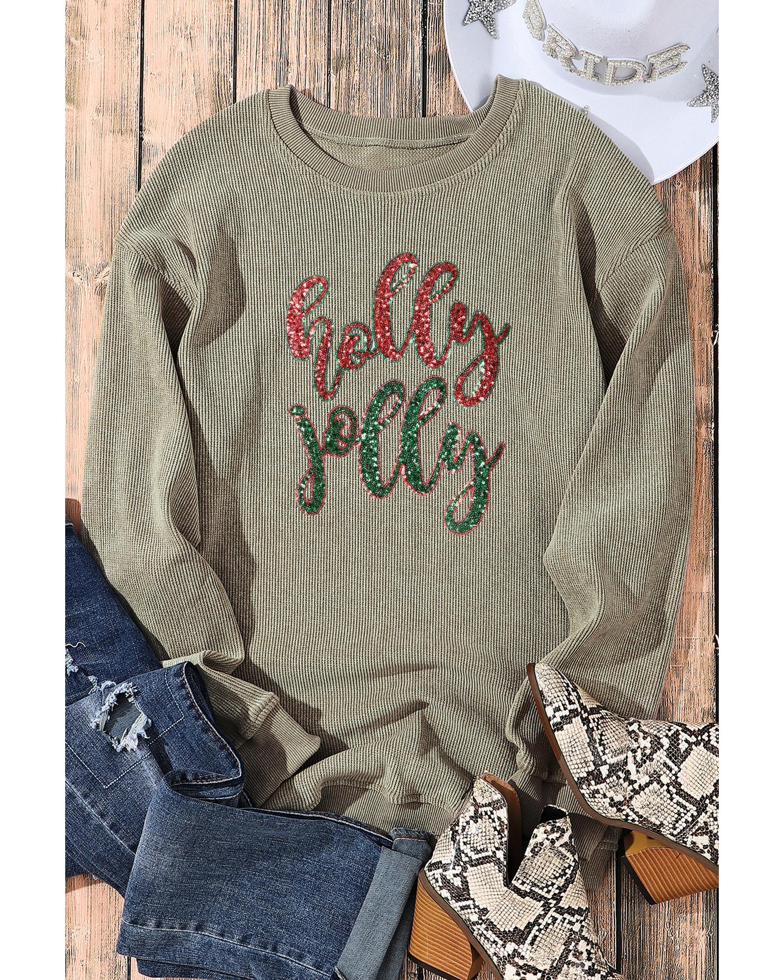 Green Sequined holly jolly Graphic Corded Sweatshirt - M 3