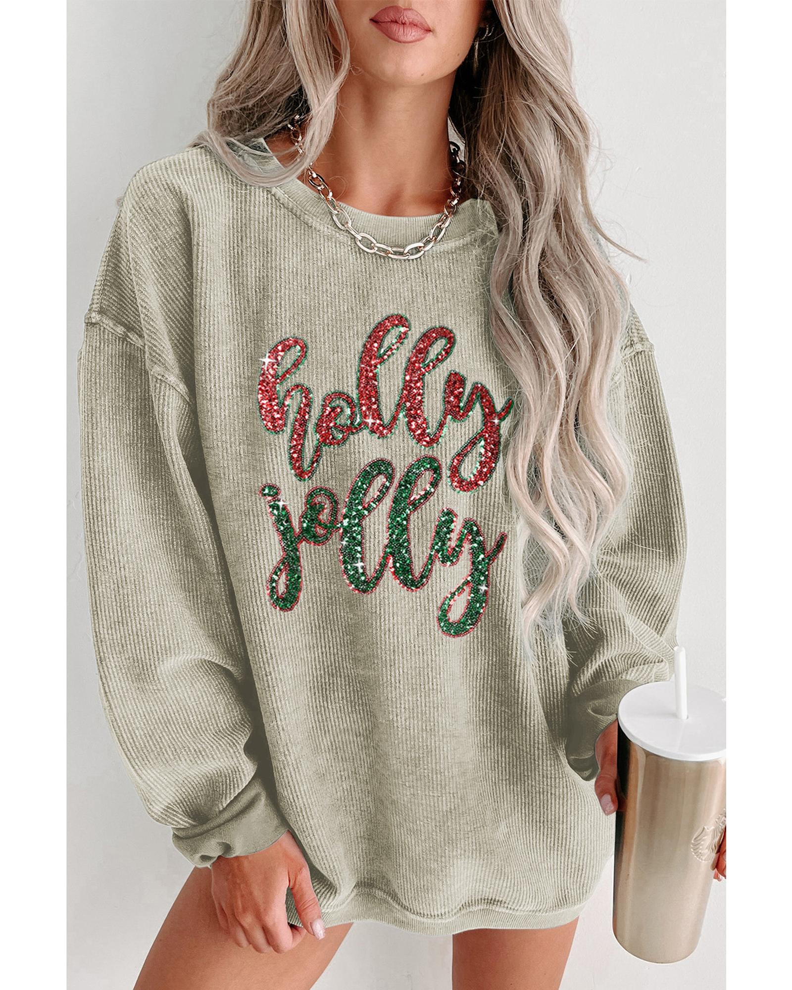 Green Sequined holly jolly Graphic Corded Sweatshirt - M 4