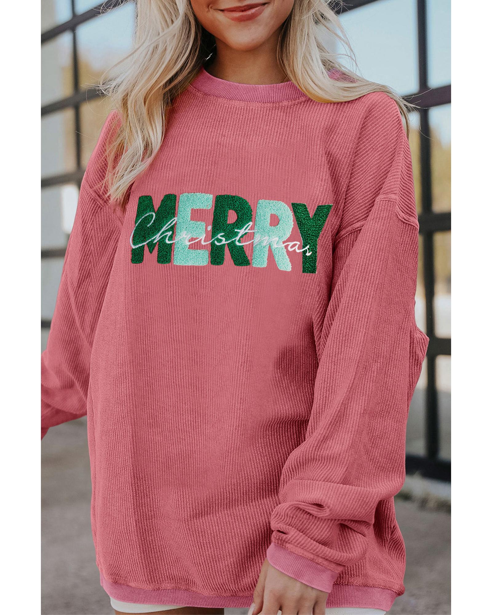 Strawberry Pink MERRY Christmas Corded Pullover Sweatshirt - S 4