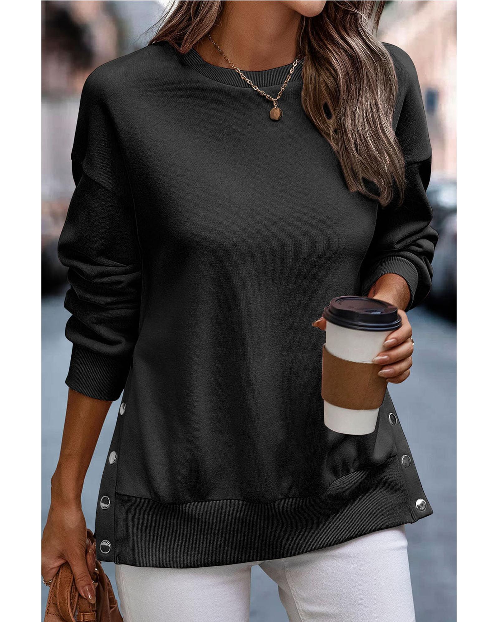 Black Snap Buttons Side Splits Pullover Sweatshirt - L