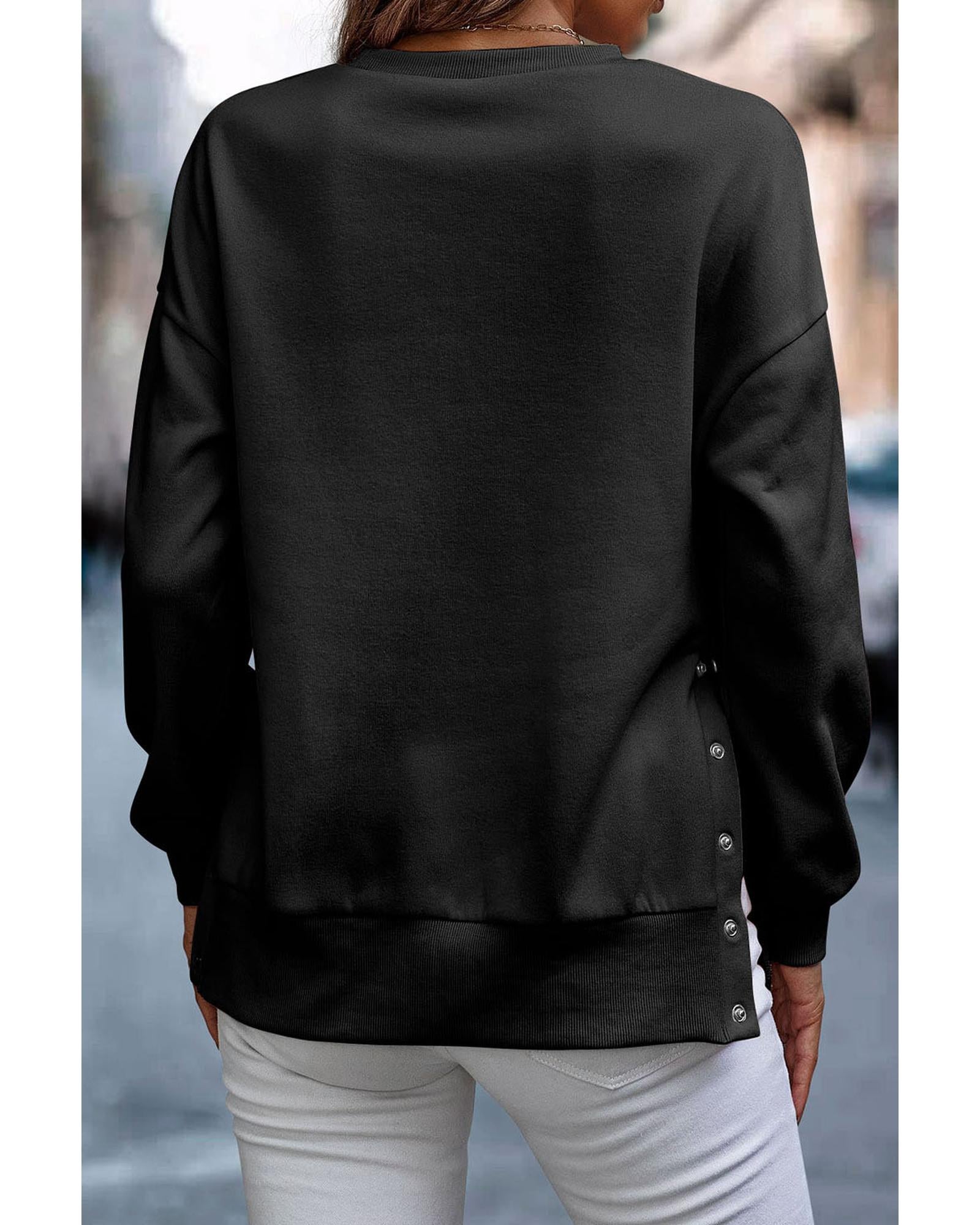 Black Snap Buttons Side Splits Pullover Sweatshirt - L 4