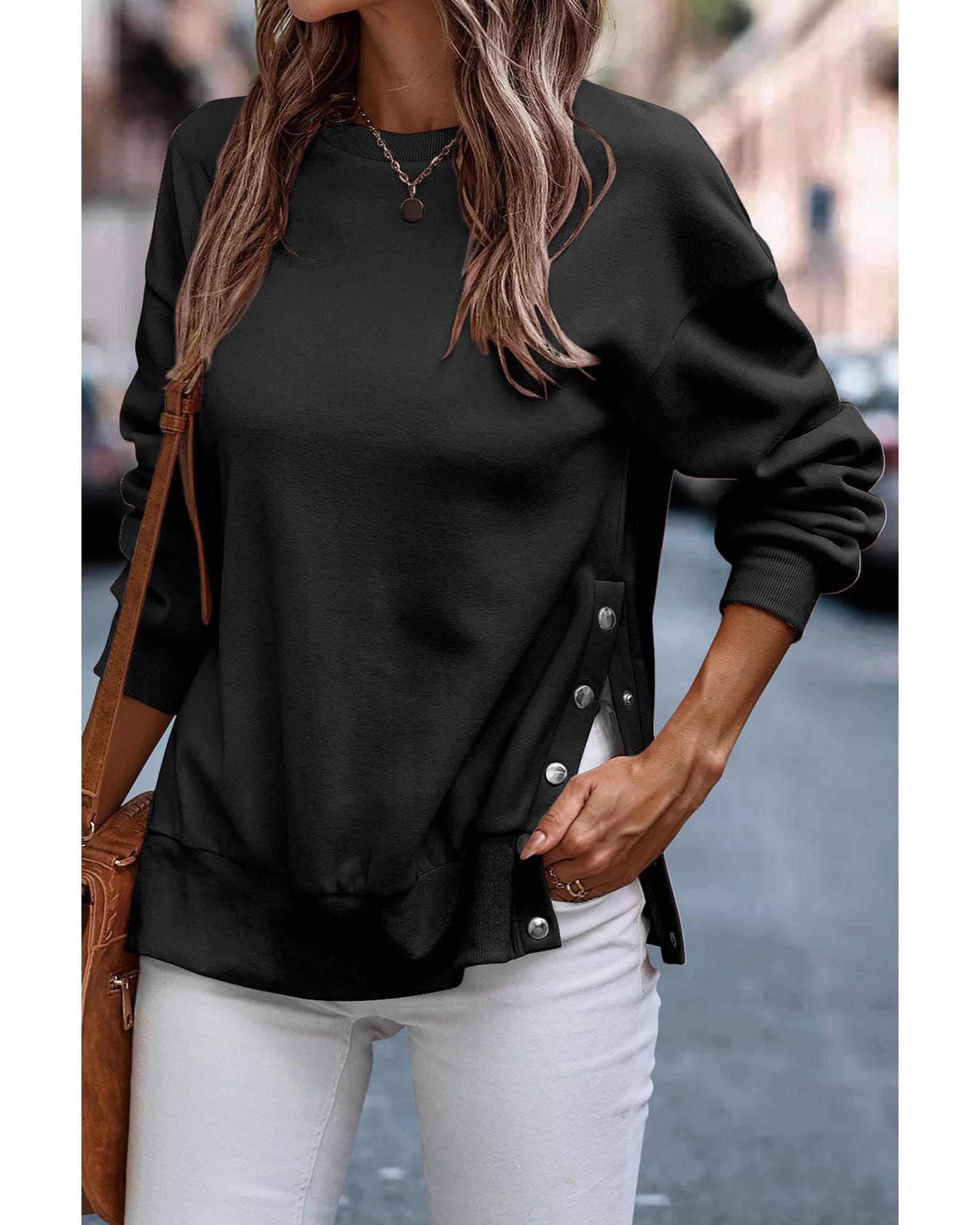 Black Snap Buttons Side Splits Pullover Sweatshirt - M 5