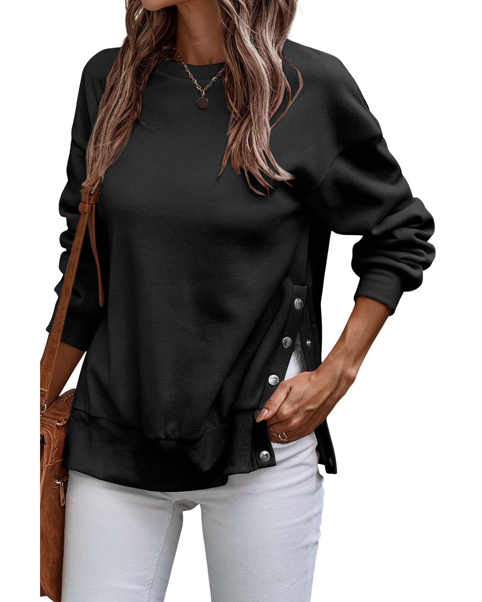 Black Snap Buttons Side Splits Pullover Sweatshirt - S