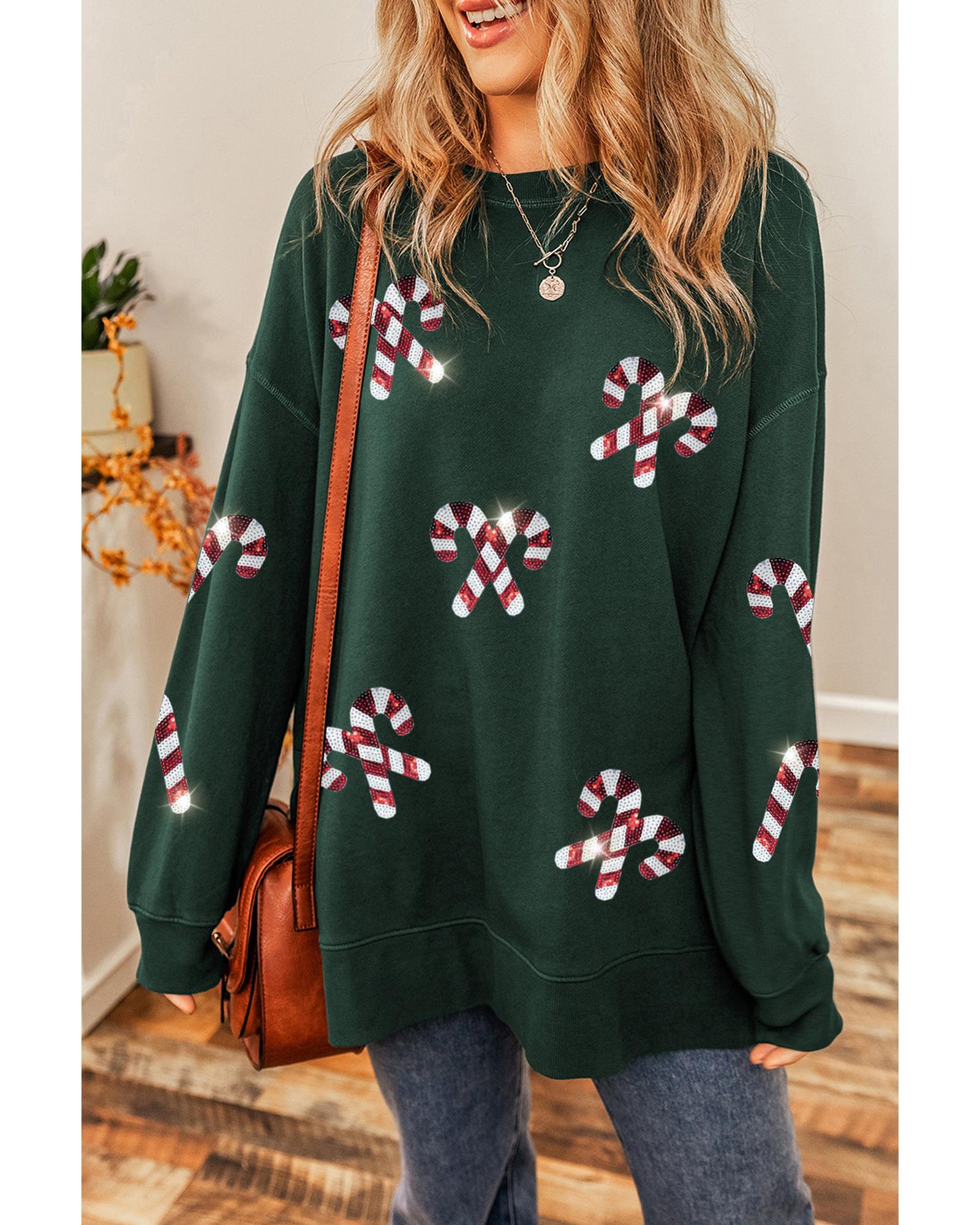 Duffel Green Christmas Cane Pattern Crewneck Oversized Sweatshirt - S 3