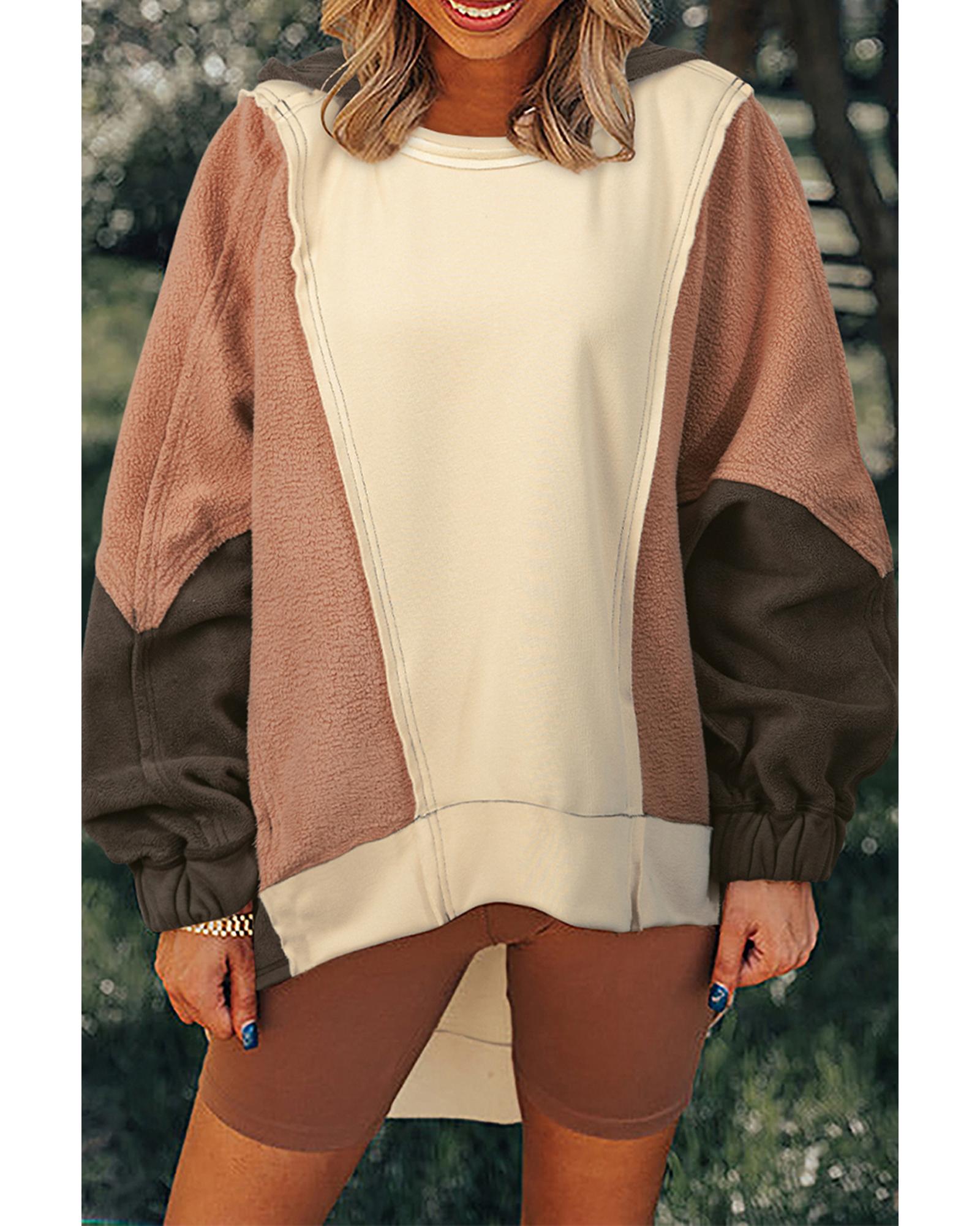 Beige Oversized Color Block Patchwork High Low Hoodie - L
