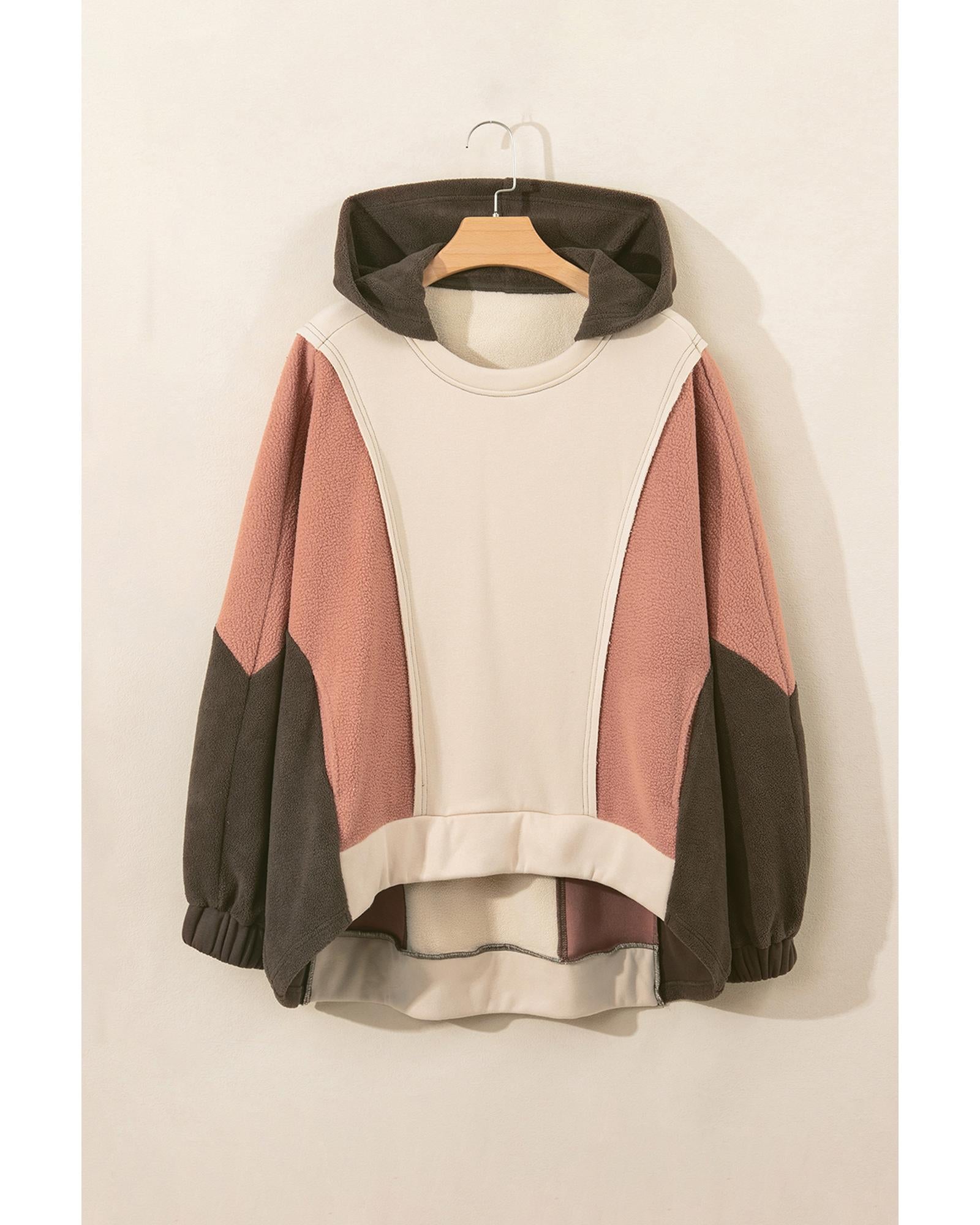 Beige Oversized Color Block Patchwork High Low Hoodie - M 5