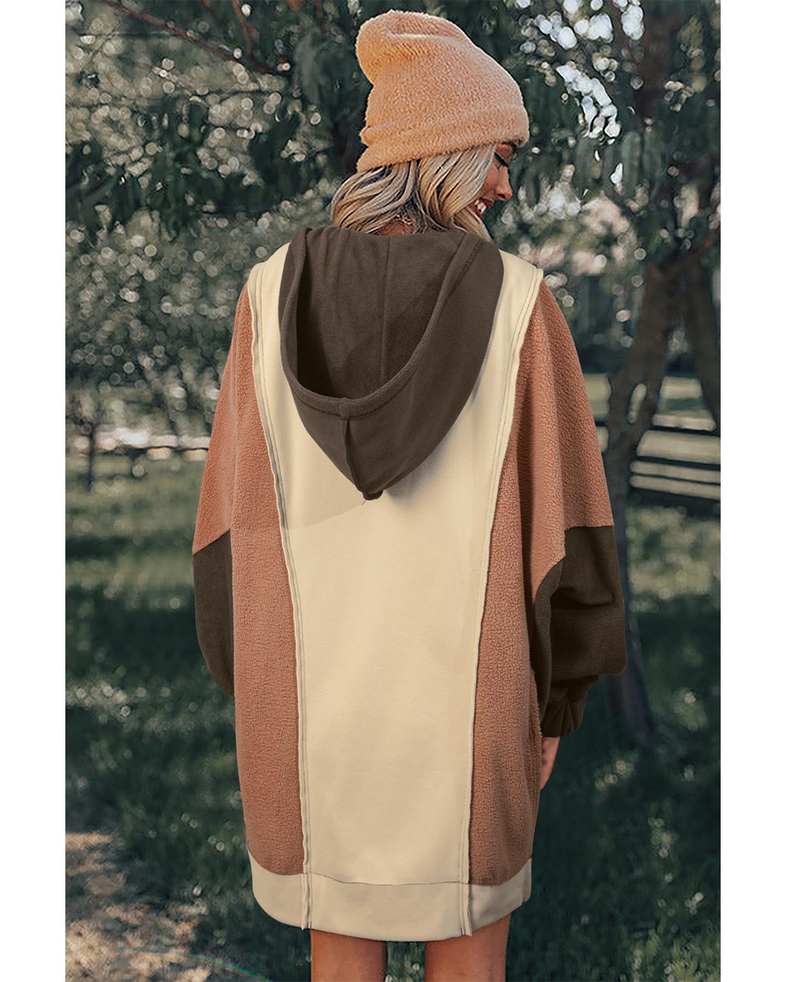 Beige Oversized Color Block Patchwork High Low Hoodie - M 7