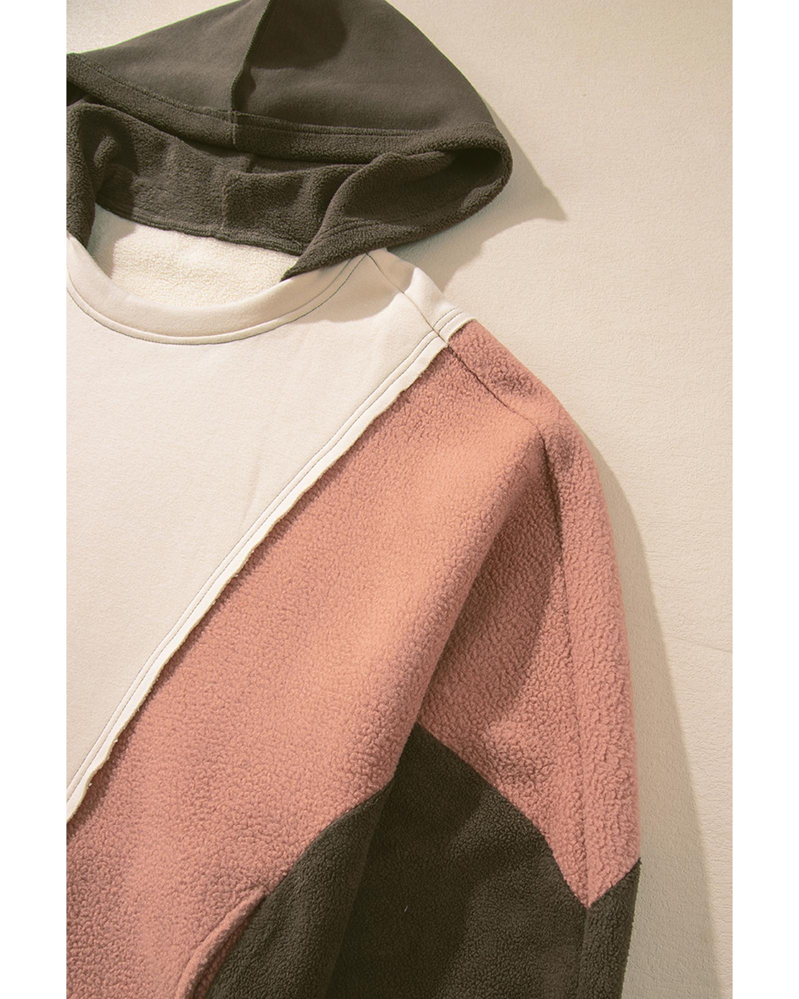 Beige Oversized Color Block Patchwork High Low Hoodie - S 7