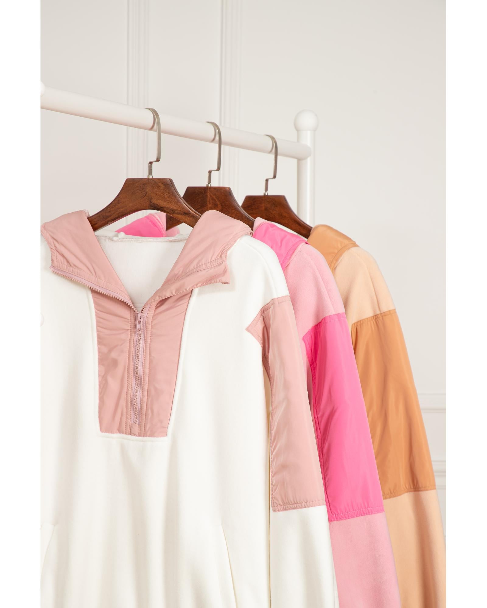 Light French Beige Colorblock Patchwork Half Zip Oversized Sherpa Hoodie - M 3