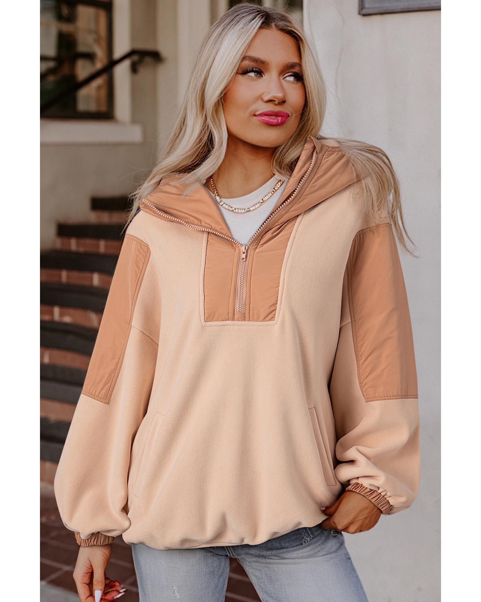 Light French Beige Colorblock Patchwork Half Zip Oversized Sherpa Hoodie - M 6