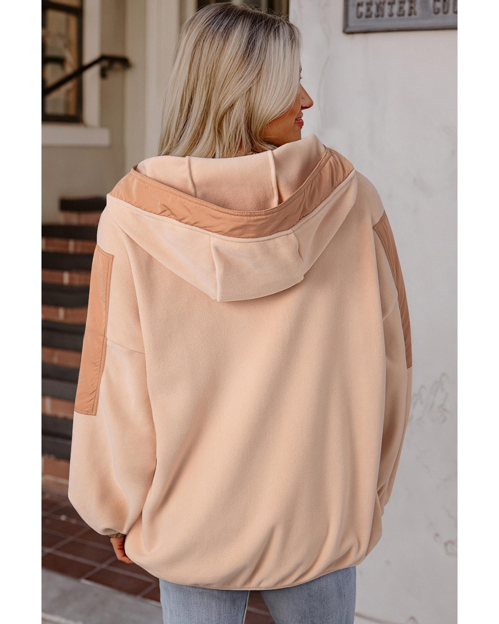 Light French Beige Colorblock Patchwork Half Zip Oversized Sherpa Hoodie - M 7