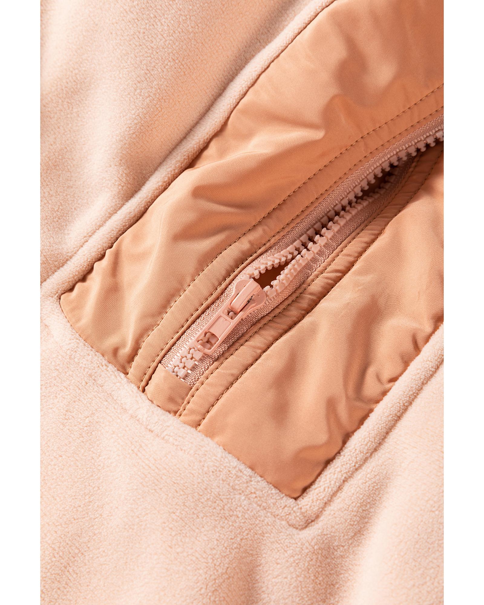 Light French Beige Colorblock Patchwork Half Zip Oversized Sherpa Hoodie - M 8