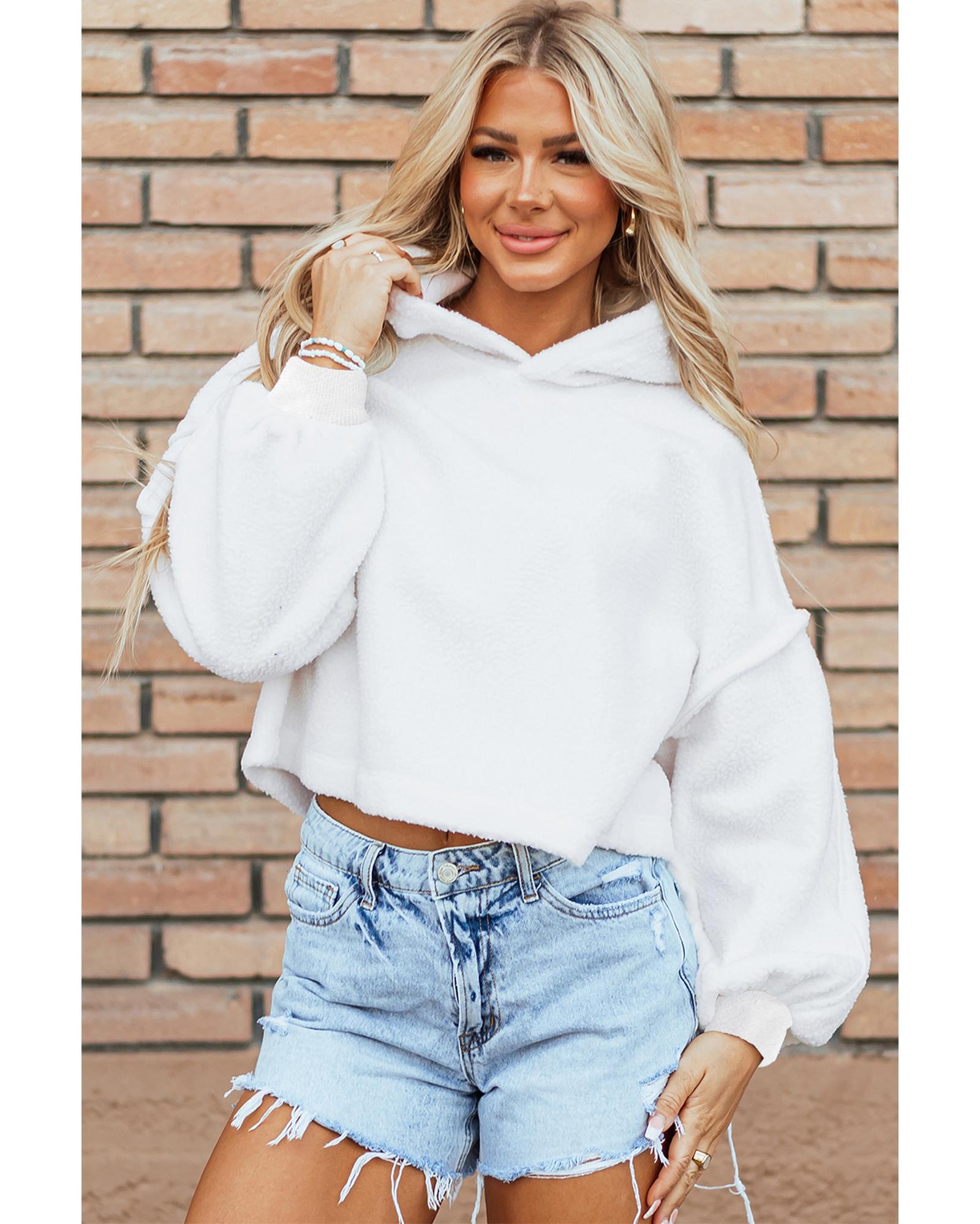White Sherpa Fleece Drop Shoulder Hoodie - L 4