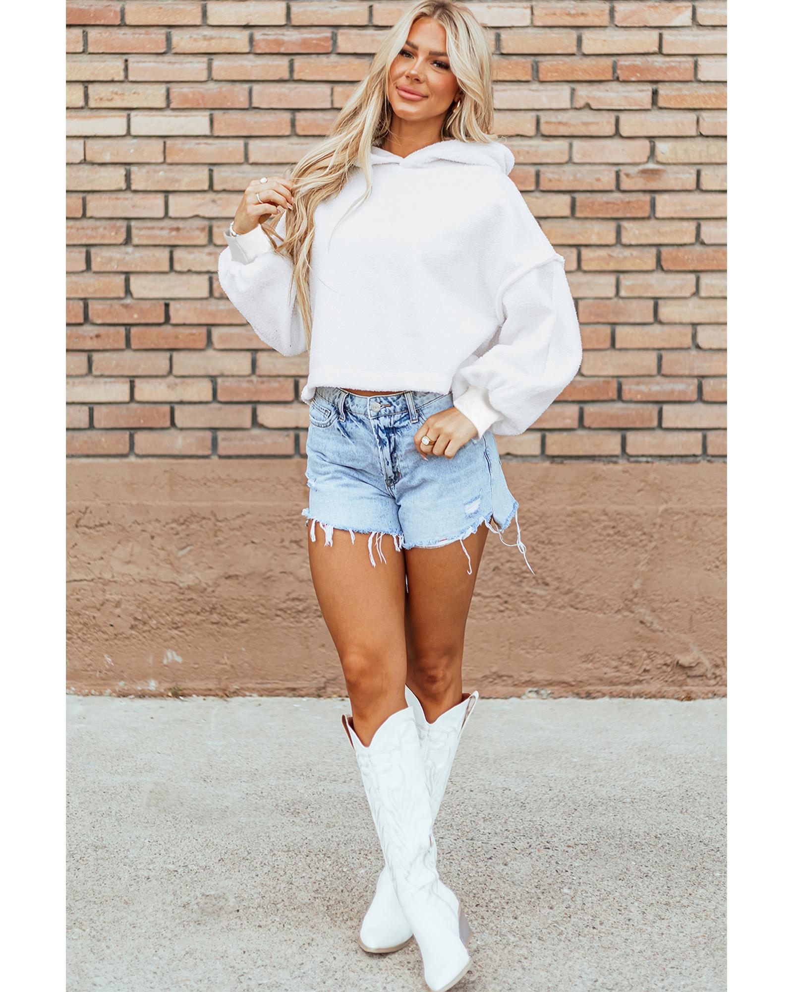 White Sherpa Fleece Drop Shoulder Hoodie - L 5