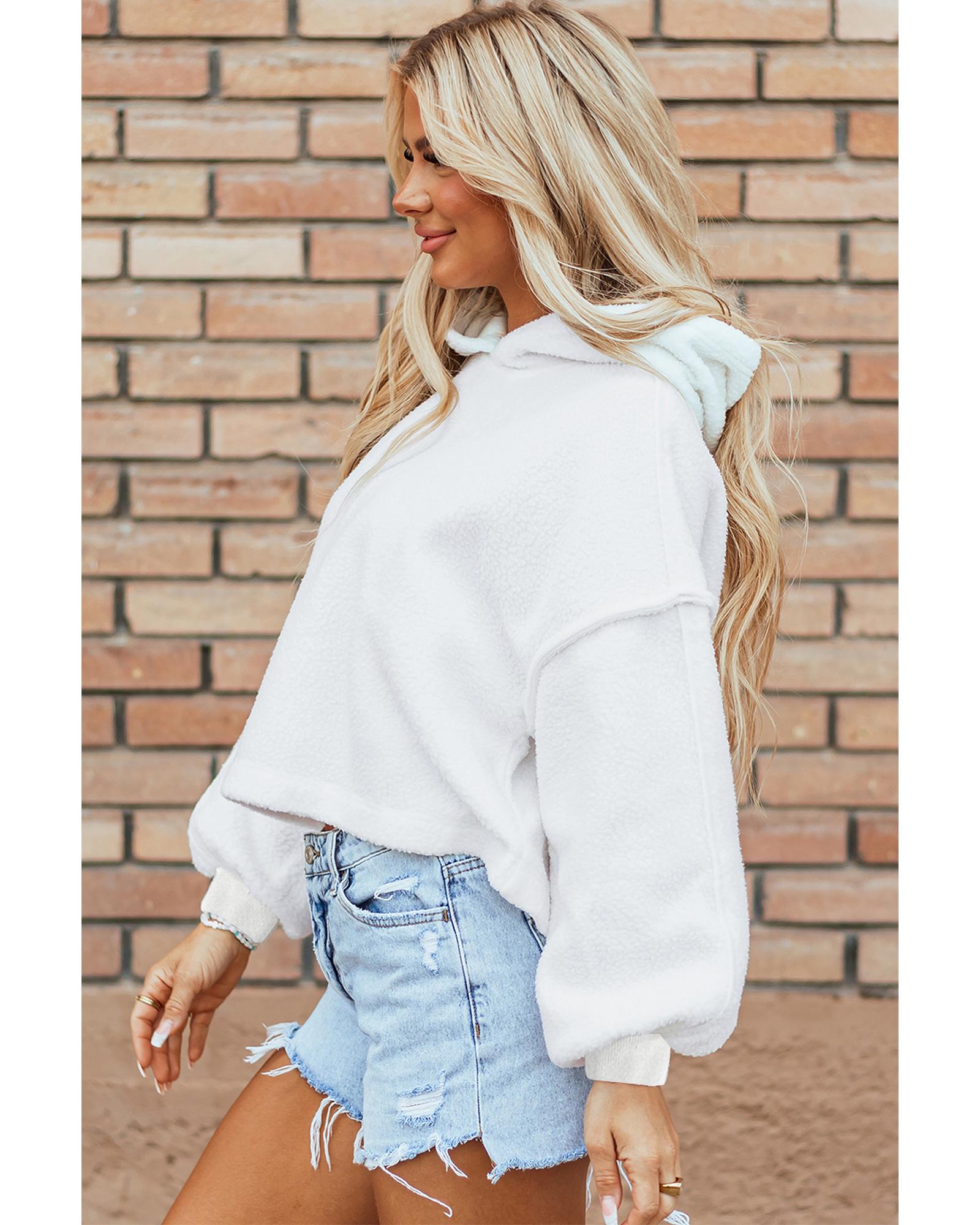White Sherpa Fleece Drop Shoulder Hoodie - M