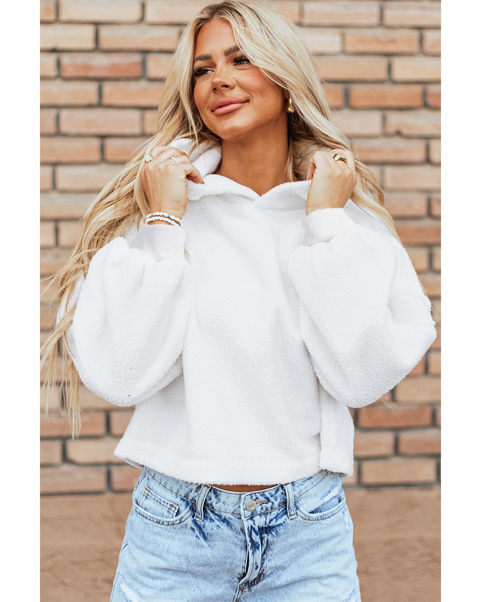 White Sherpa Fleece Drop Shoulder Hoodie - XL 7