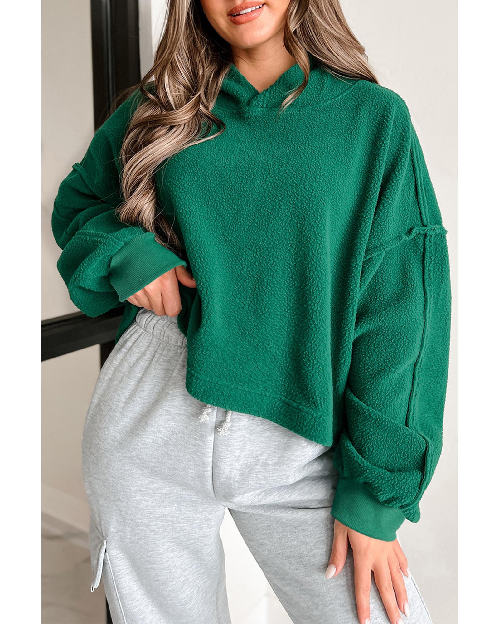 Dark Green Sherpa Fleece Drop Shoulder Hoodie - L