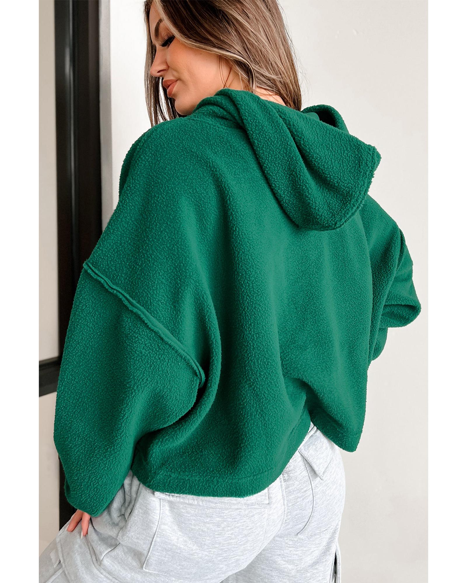 Dark Green Sherpa Fleece Drop Shoulder Hoodie - L 3