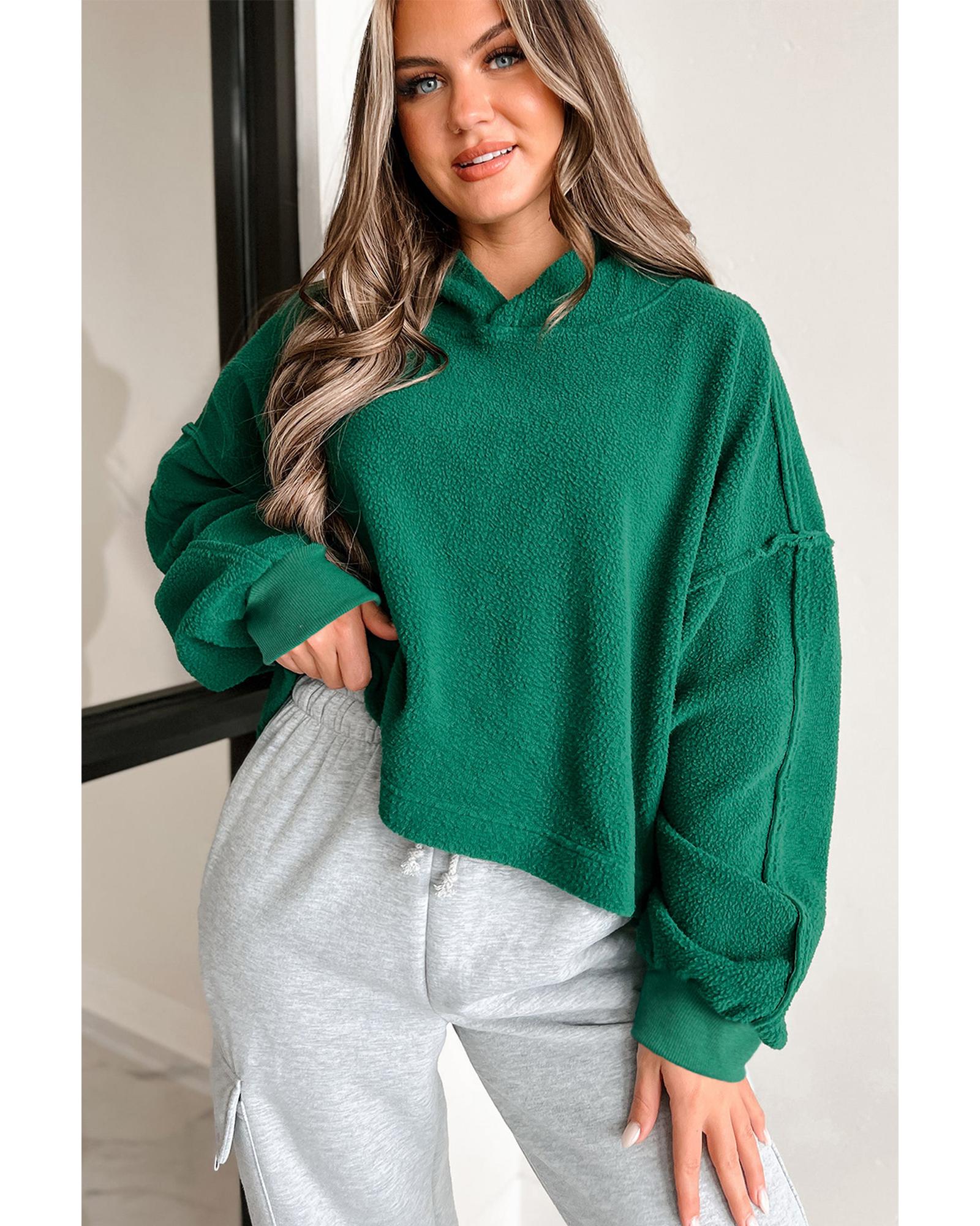Dark Green Sherpa Fleece Drop Shoulder Hoodie - L 4