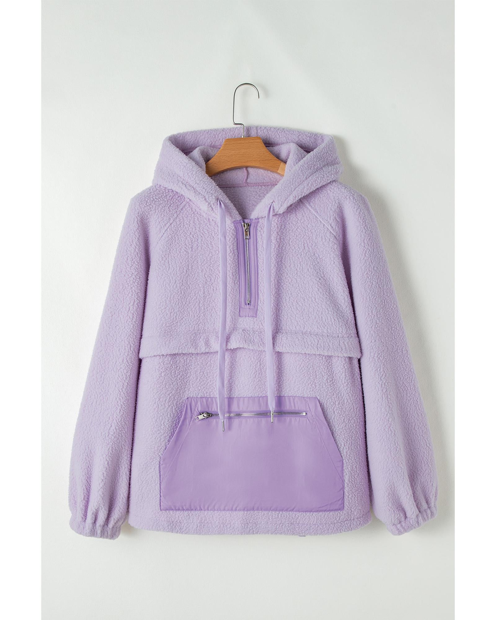 Lavendula Zipped Patch Pocket Fuzzy Drawstring Hoodie - L 3