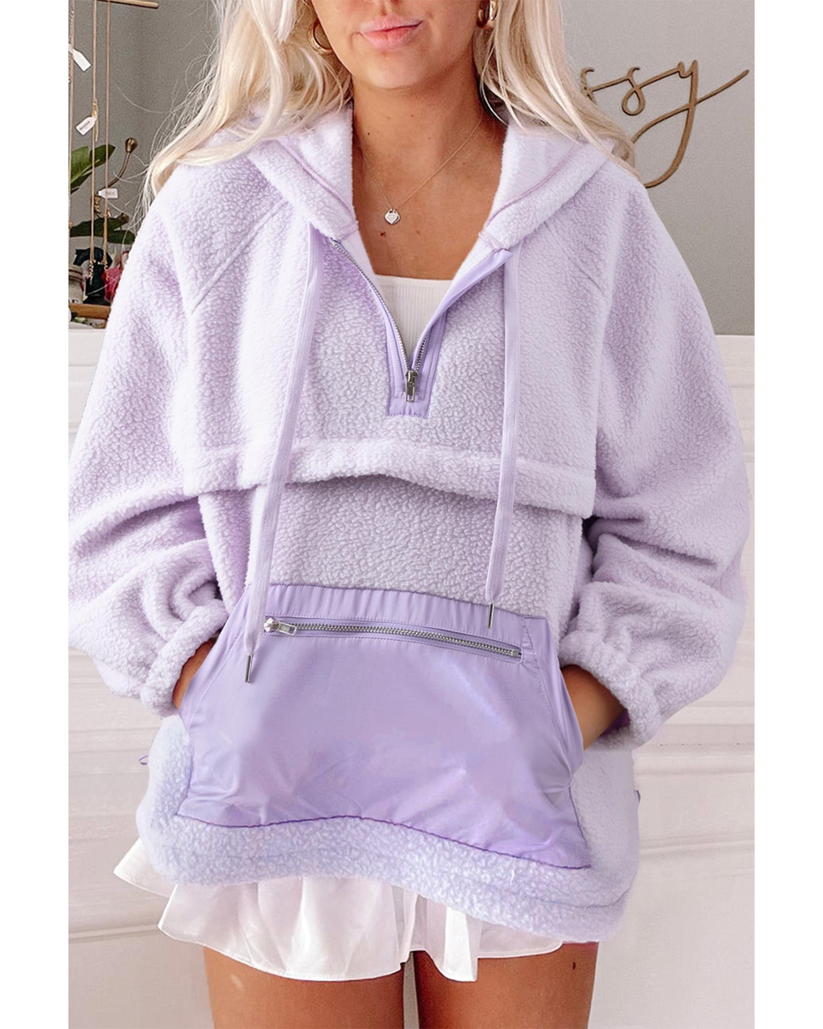 Lavendula Zipped Patch Pocket Fuzzy Drawstring Hoodie - L 8